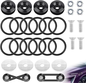 28 Pcs Universal Quick Release Fastener Kit, Aluminum Bumper Clips, 4 Black Quick Release Tabs and 12 O-Ring Fasteners, Front Rear Bumper Fasteners Trunk Fenders Holders Kit for Car Bumper