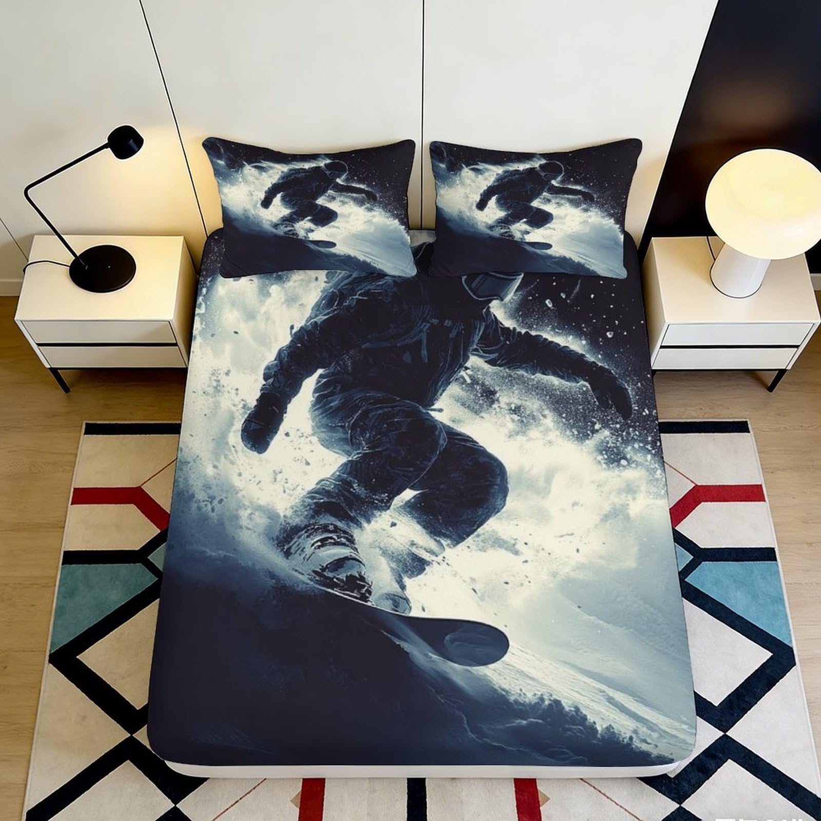 3D Printed Snowboarding Fitted Sheet Microfiber Deep Pocket Full Wrap for Adult Bedroom Bedding Snowboard Mattress Fitted Cover 200x200x25cm