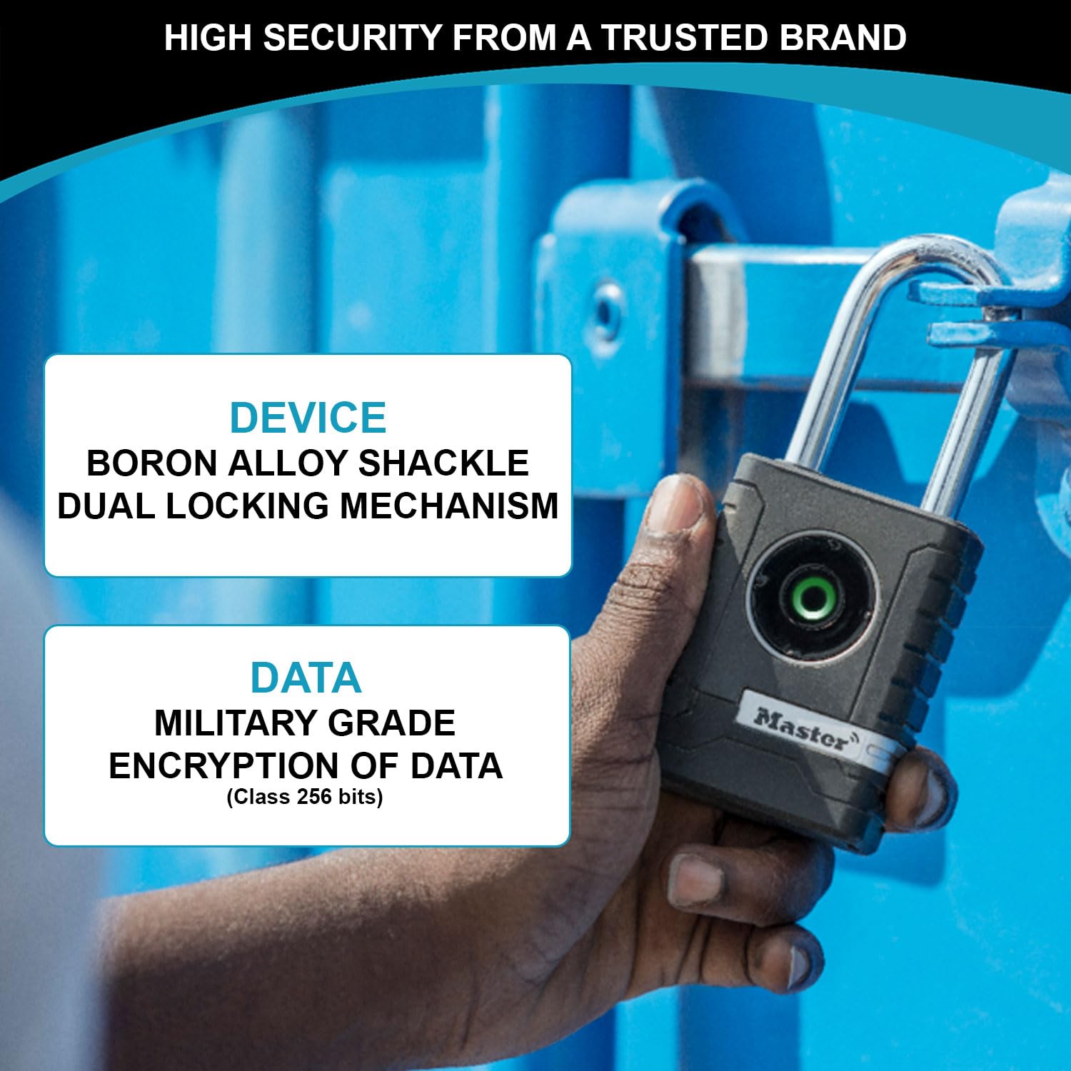 Master Lock 4401EURLHEC Inteligentna kłódka Bluetooth do użytku profesjonalnego i prywatnego, na zewnątrz, długa szekla, czarna