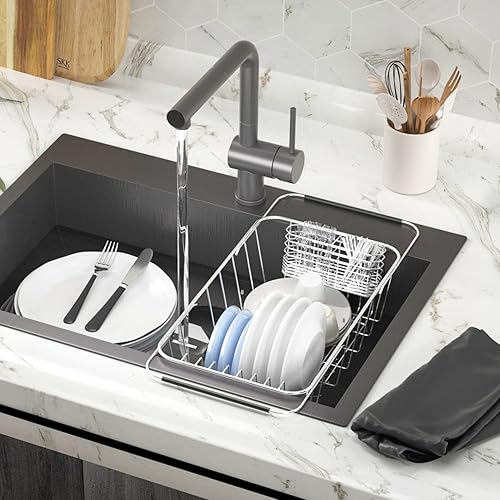 Miniatura 5 de Escurridor de platos para fregadero, de acero inoxidable 304 expandible a prueba de óxido con soporte de cubiertos de acero inoxidable sobre el
