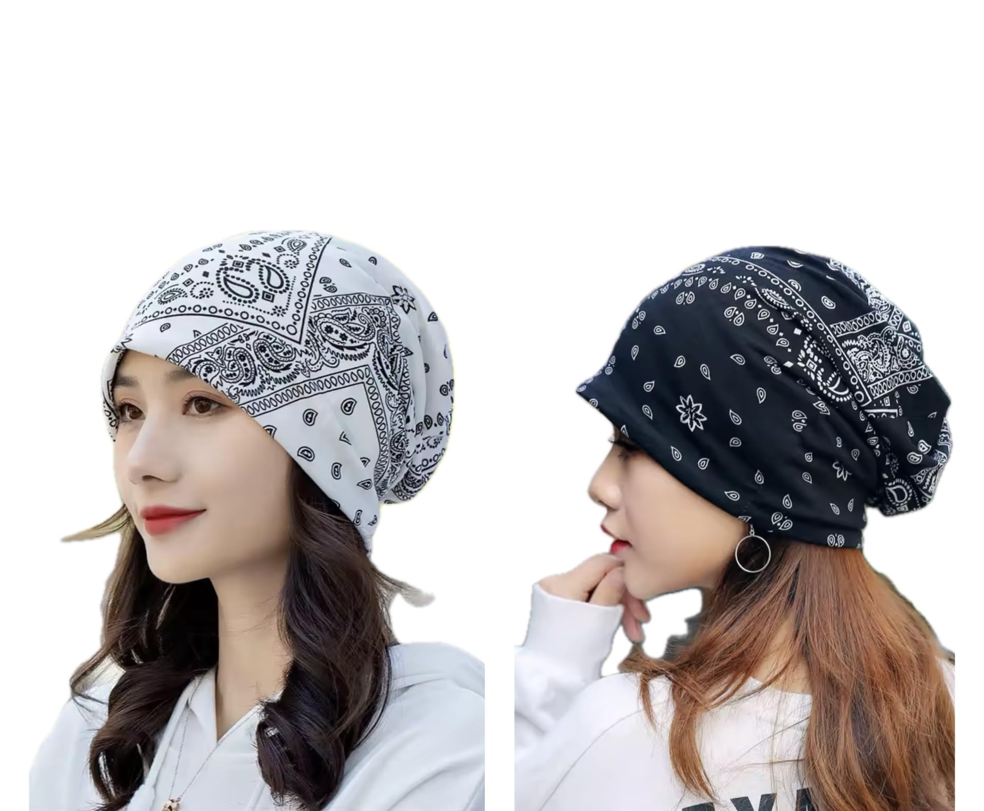 FUTURE TABS Baggy Slouchy Paisley Printed Bandanna for Men & Women - White & Black Combo | Aesthetic Unisex Headband | Breathable & Comfortable Cotton Bandana | Chunky Beanie Chemo Cap-image-36