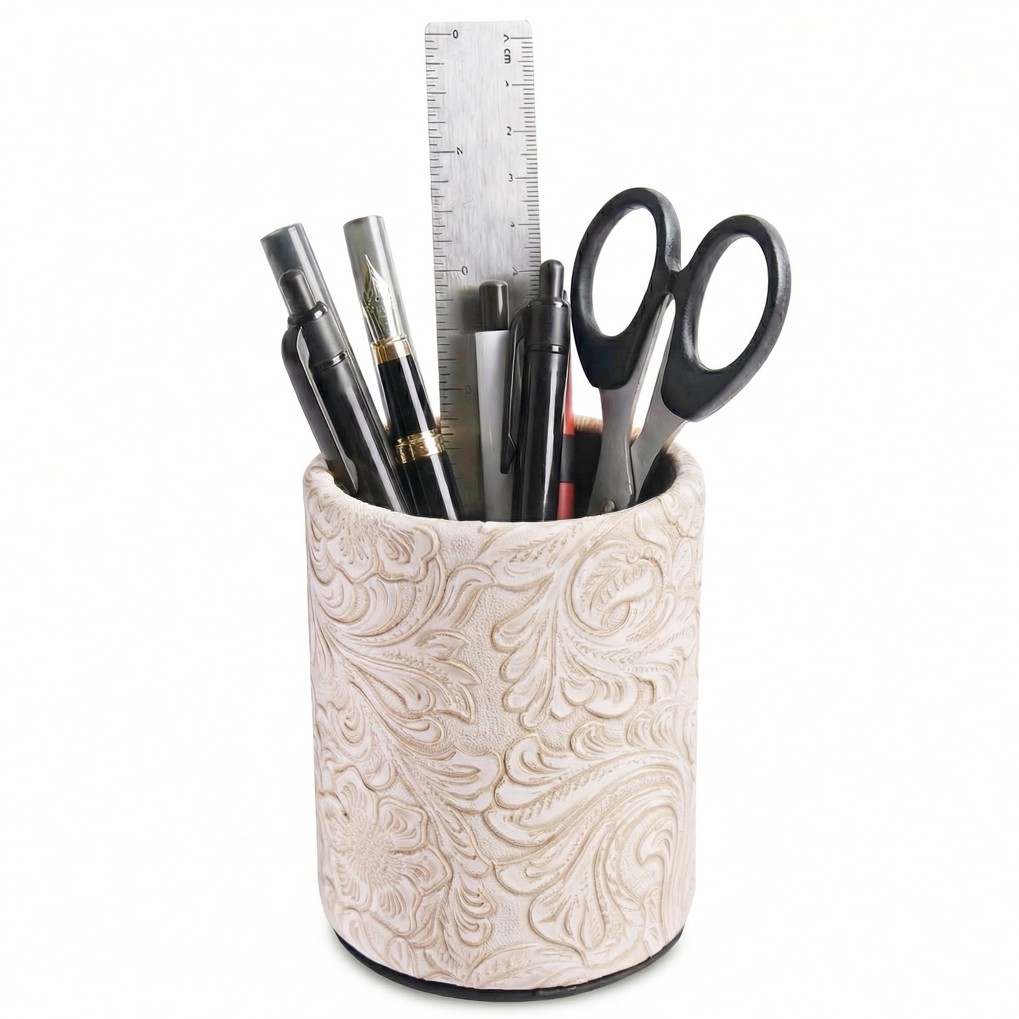 Mtzmy PU Leather Pen Holder Round Flash Makeup Brush Holder Desktop Pencil Storage Holder Gift for Desk Office Classroom Home(1-Carved3 White)