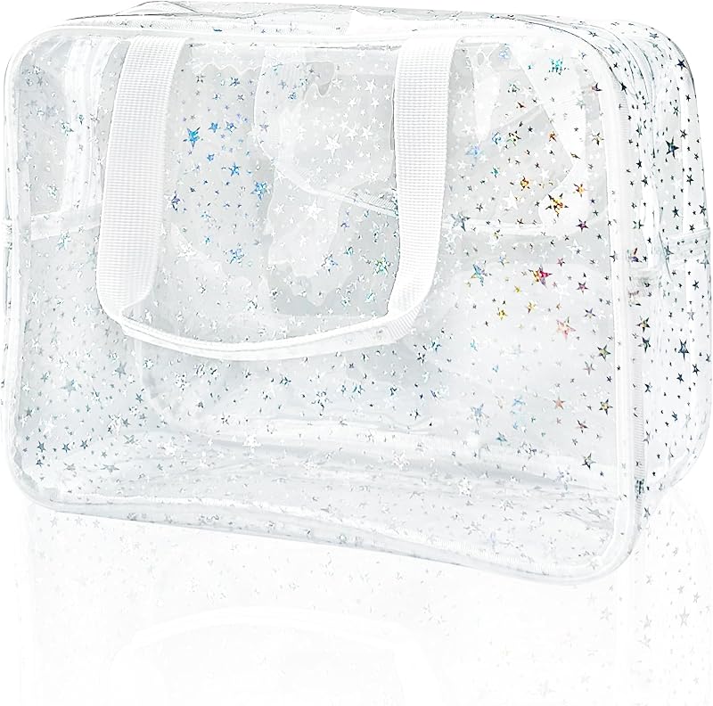 Necessaire transparente ONEART com estampa de estrelas, zíper e alças, branca