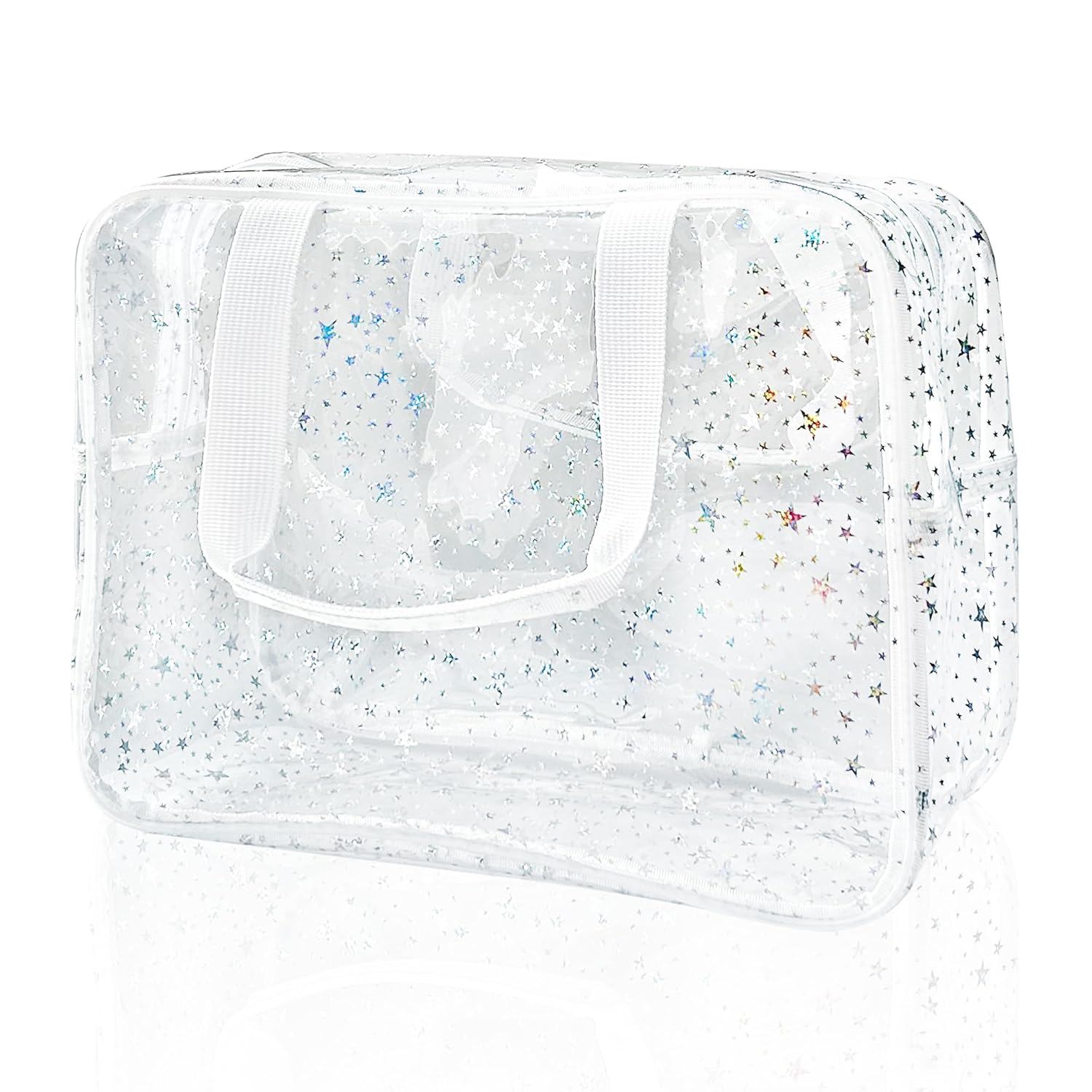 Holographic Star Transparent PVC Cosmetic Bag Clear Makeup Toiletry Carry Pouch Clear Travel Pouch Storage Bag for Vacation