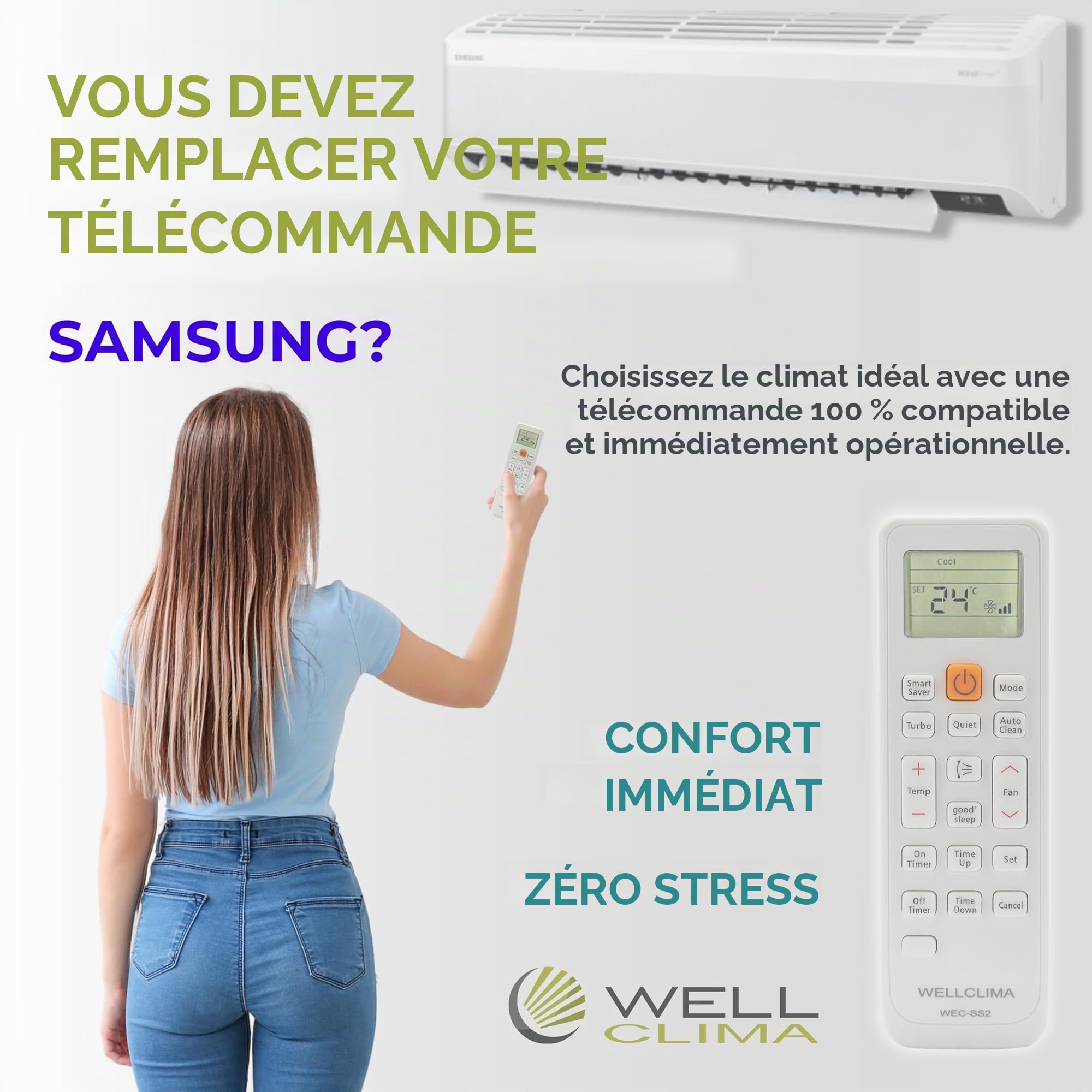 Télécommande Universelle Wellclima pour Climatiseurs Samsung, Compatible avec Tous Les Modèles, Similaire aux Originaux, Fonctions Avancées, Prête à l’Emploi, Assistance Directe