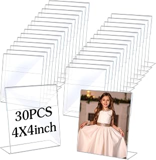 30 Pcs Acrylic Photo Frames 4 x 4 Inch Clear Picture Frames Slant Back Plastic Booth L Shaped Photo Stand Horizontal Small Sign Holder Name Display Stand with Insert for Home Office