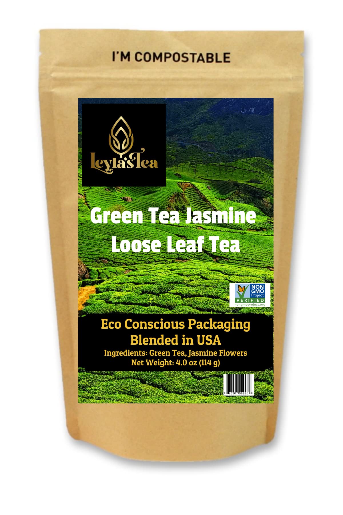 Green Tea Jasmine Loose Leaf Tea 4 OZ | Eco-Conscious Biodegradable Kraft Bag | by Leyla's TeaUSDA Organic