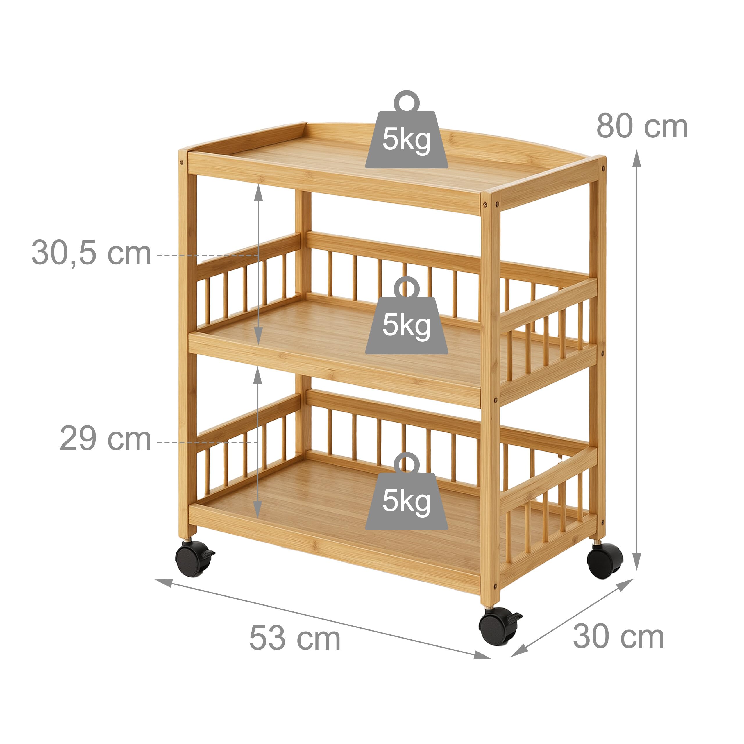 Carrello da Cucina Relaxdays, bambù, 3 Ripiani, per spezie e Alimenti, H x L x P: 80 x 53 x 30 cm, Carrello Naturale