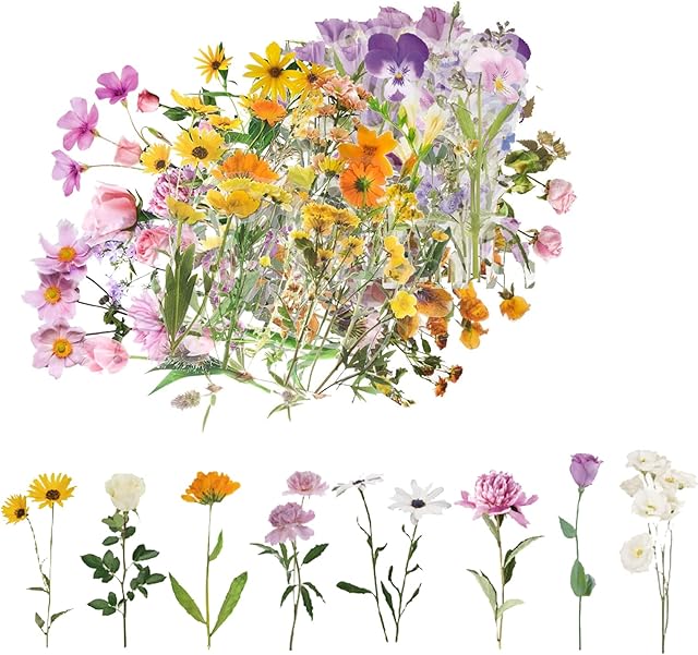 200 Pcs Flower Stickers, Basicon Self-Adhesive PET Transparent Waterproof Floral Style Paper Stickers Retro Floral Stickers Set for DIY Scrapbook Card Wall Notebook Window