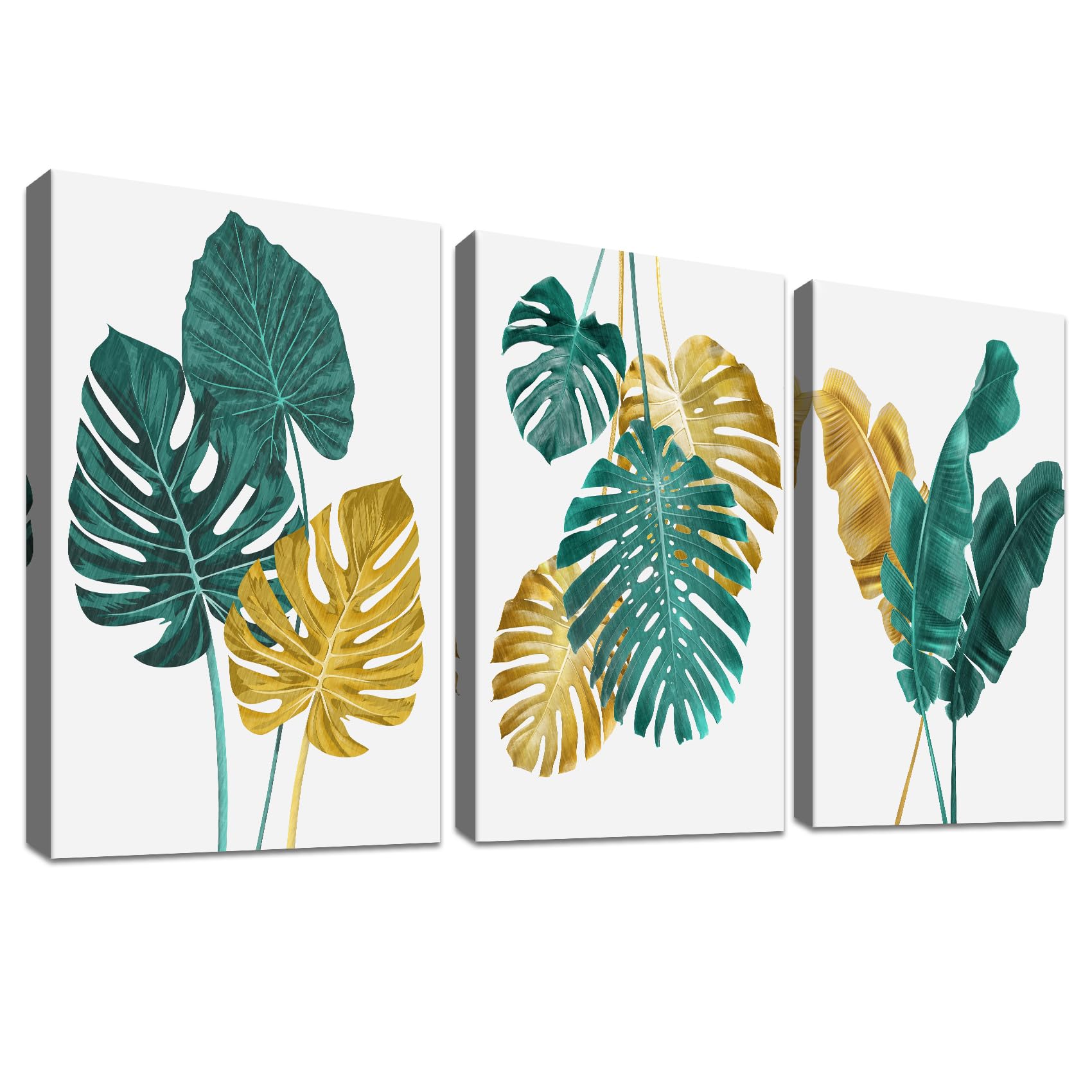 3 Pcs Hojas de Oro Verde Marco de madera Cuadro Modernos Monstera tropical hojas de palma abstracto Lienzo Pintura Poster Imagen cuadros decorativos Salon baño Comedor Decoración de pared 30cmx40cmx3