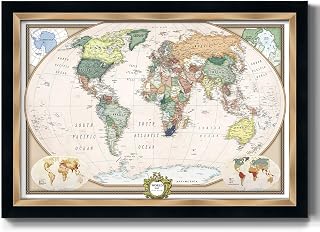 Renditions Gallery Colorful World Map Canvas Wall Art with Modern Black and Gold Frame Wall Hanging Travel Map with Push Pins for Home, Office, Classroom