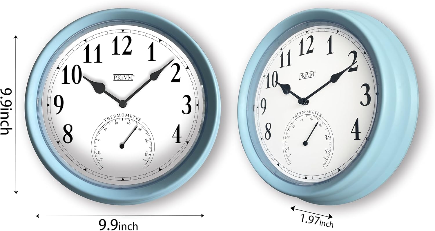(New) 9.9 inch Pololio Indoor Wall Clock with Thermometer. Sweep Movement (Pastel Blue)