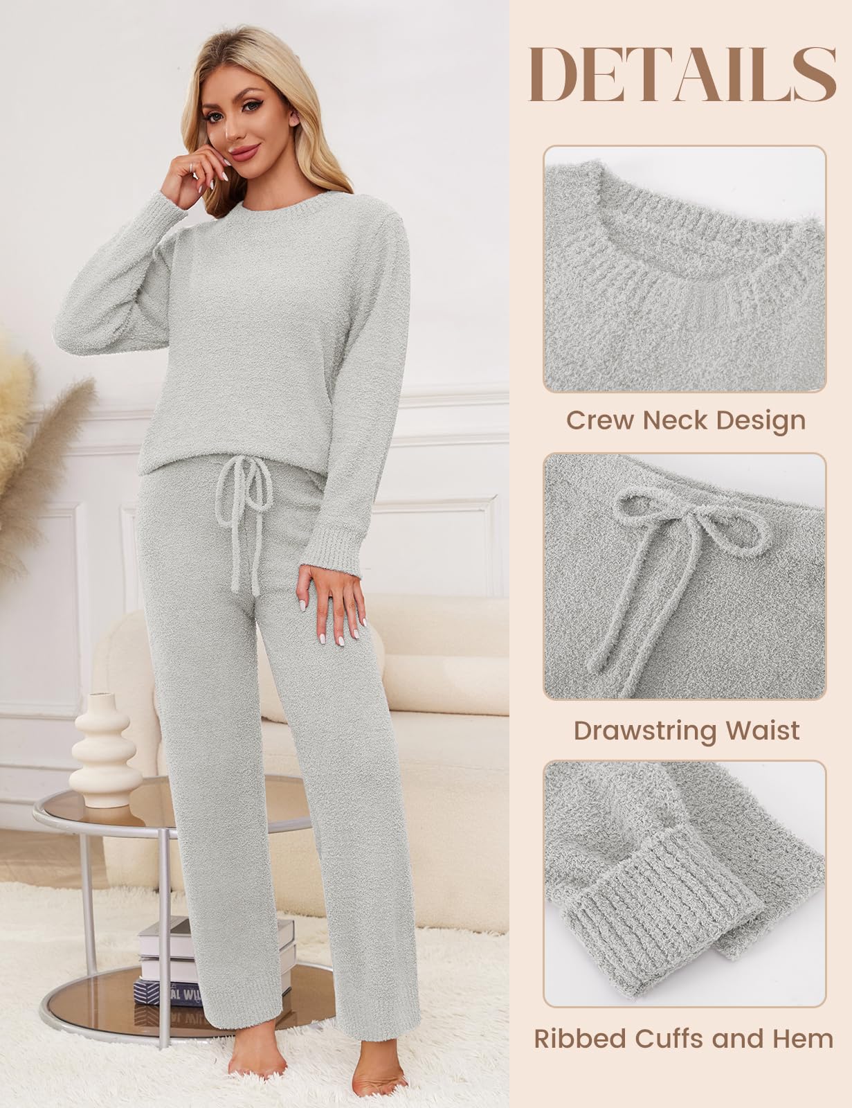Pijama Mujer Invierno Polar Otoño Conjunto Punto Conjunto de Pijama de Navidad Chandal Completo Ropa de Dormir 2 Piezas Pjs Pullover Jersey Cuello Redondo y Pantalones de Salón