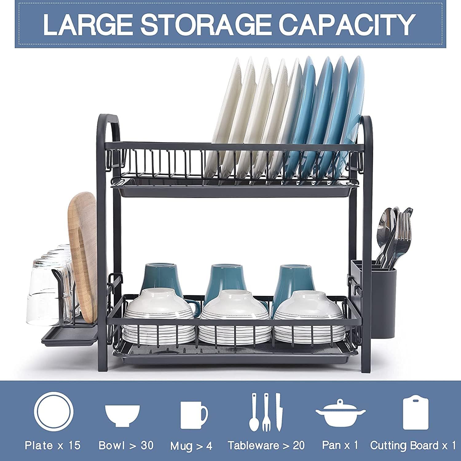 TOOLF Dish Drying Rack, 2-Tier Dish Rack and Drainboard Set with Utensil Holder, Cup Holder, Cutting Board Holder and Large Dish Drainer for Kitchen Counter or Sink Side