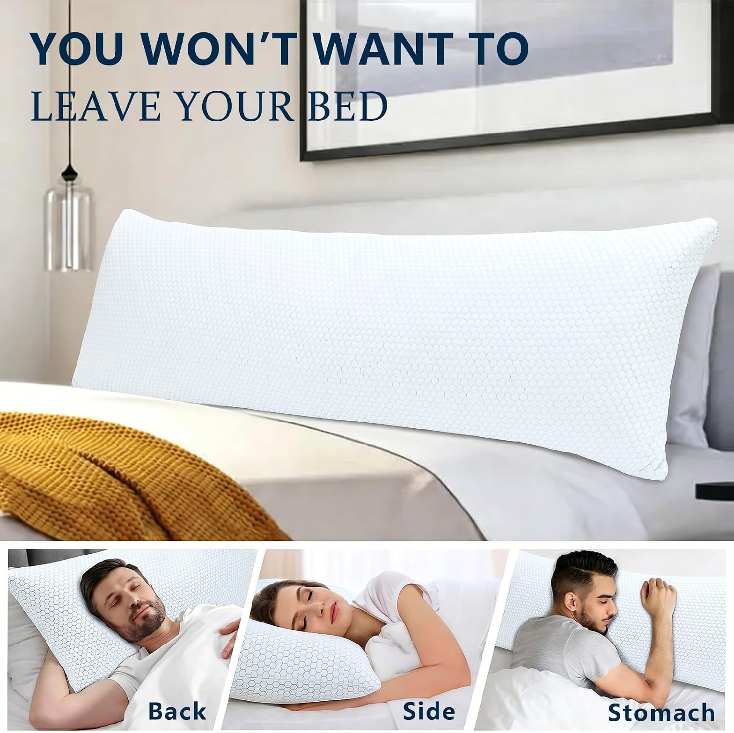 1 MIDDLE ONE Cooling Body Pillow, Memory Foam Body Pillows for Adults Sleeping, Long Pillow for Bed, Big Large Body Pillow for Side Sleeper, 20x54 Inch (White Blue Hex)