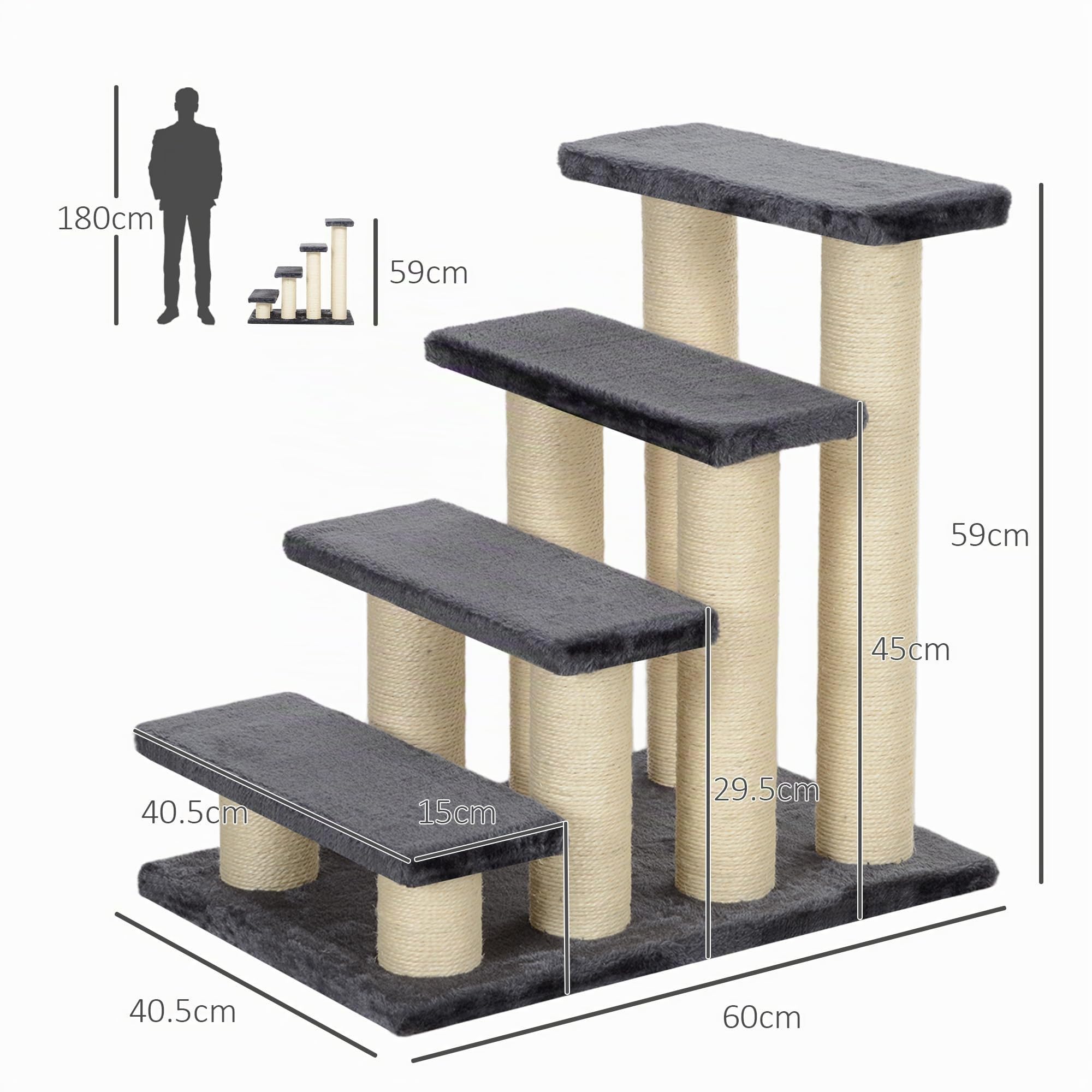 PawHut Tiertreppe Katzentreppe Hundetreppe 4 Stufen Treppe für Katze und Hunde Plüsch Grau 60 x 42 x 61 cm | Haustiertreppe, Hundetreppe, Hunderampe, Einstiegshilfe für Bett, Sofa, Couch