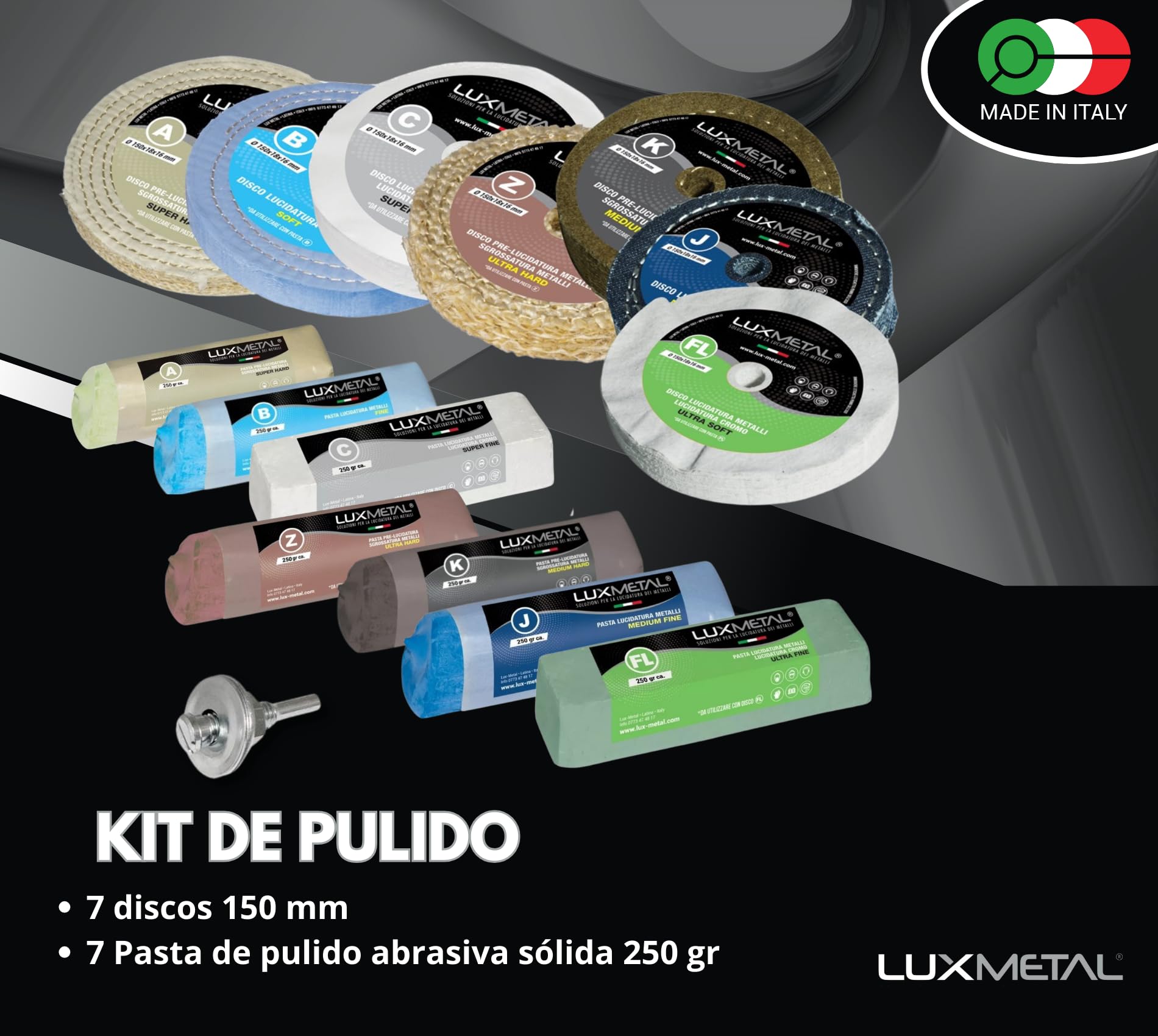Lux Metal Kit 7 Discos Pulidores 150 mm 7 Pastas Abrasivas Pulidoras 250 gr Para Aluminio Hierro Acero Inoxidable Bronce Mármol Rueda de Pulido para Metales Taladro Muela Amoladora Fieltro Algodón