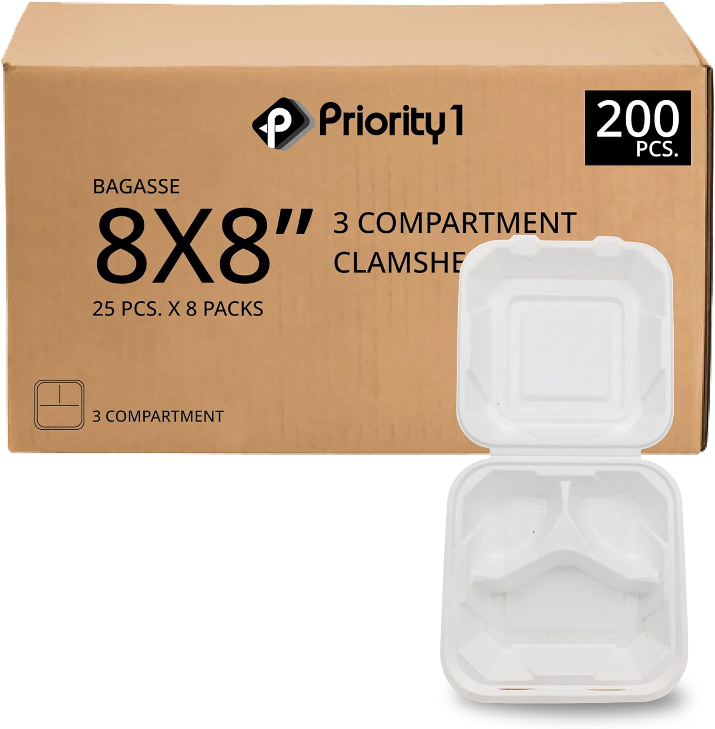 Priority1 Paper 8x8 Inch, 200 Count, 3 - Compartment Clamshell, 100% Compostable to Go Containers with Hinged Lid, Natural Disposable Bagasse, double-lock closure, preventing food from leaking out