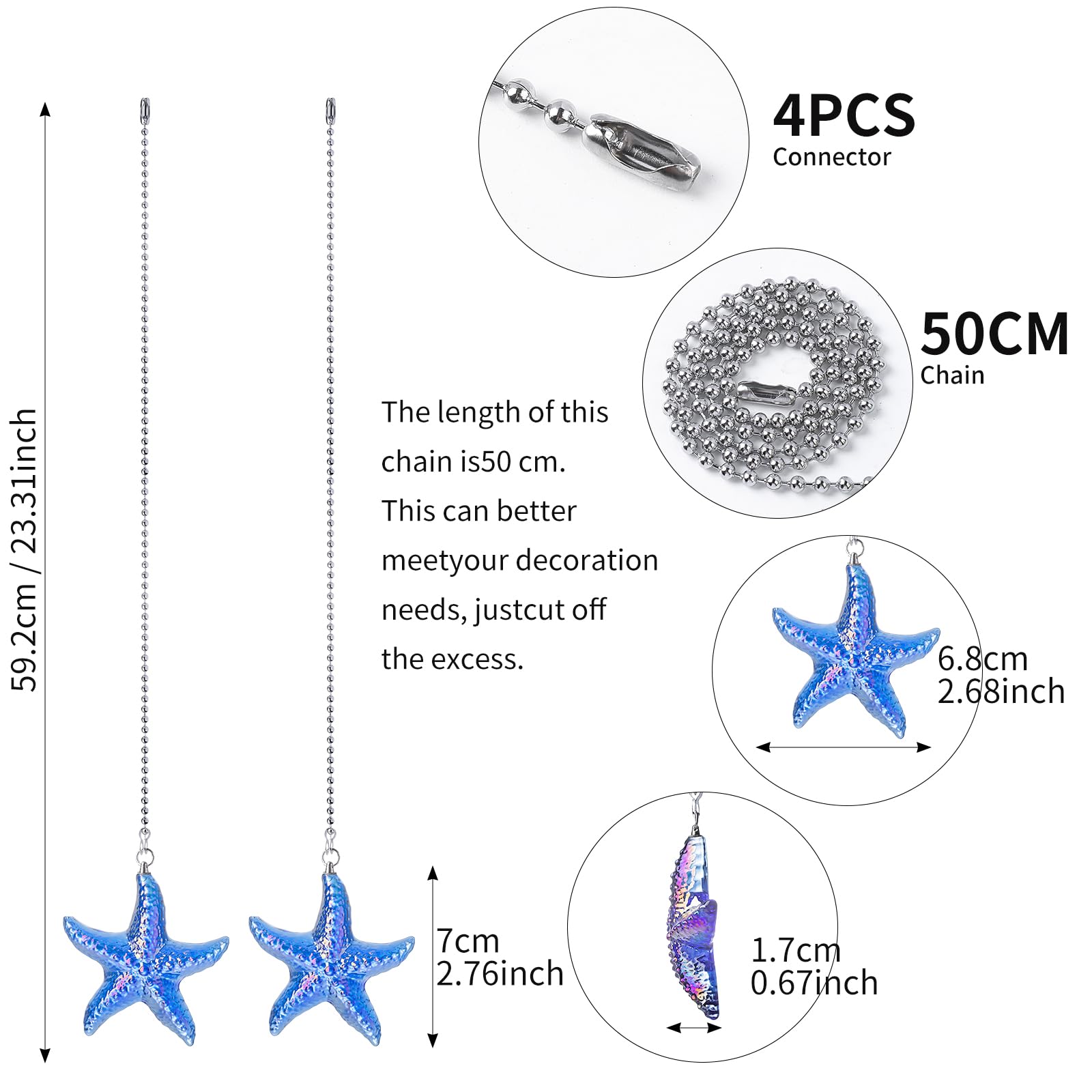Ceiling Fan Pull Chains - Blue Starfish Extension -5 Ceiling Fan Pull Chains - Blue Starfish Extension -5