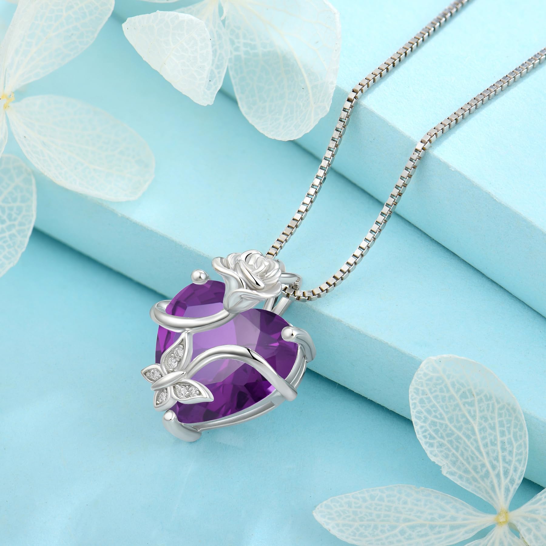 FJ Herz Geburtsstein Kette Damen 925 Sterling Silber Schmetterling Kette Anhänger mit Rose Blume Schmuck Geschenke für Frauen Mutter Freundin Mama