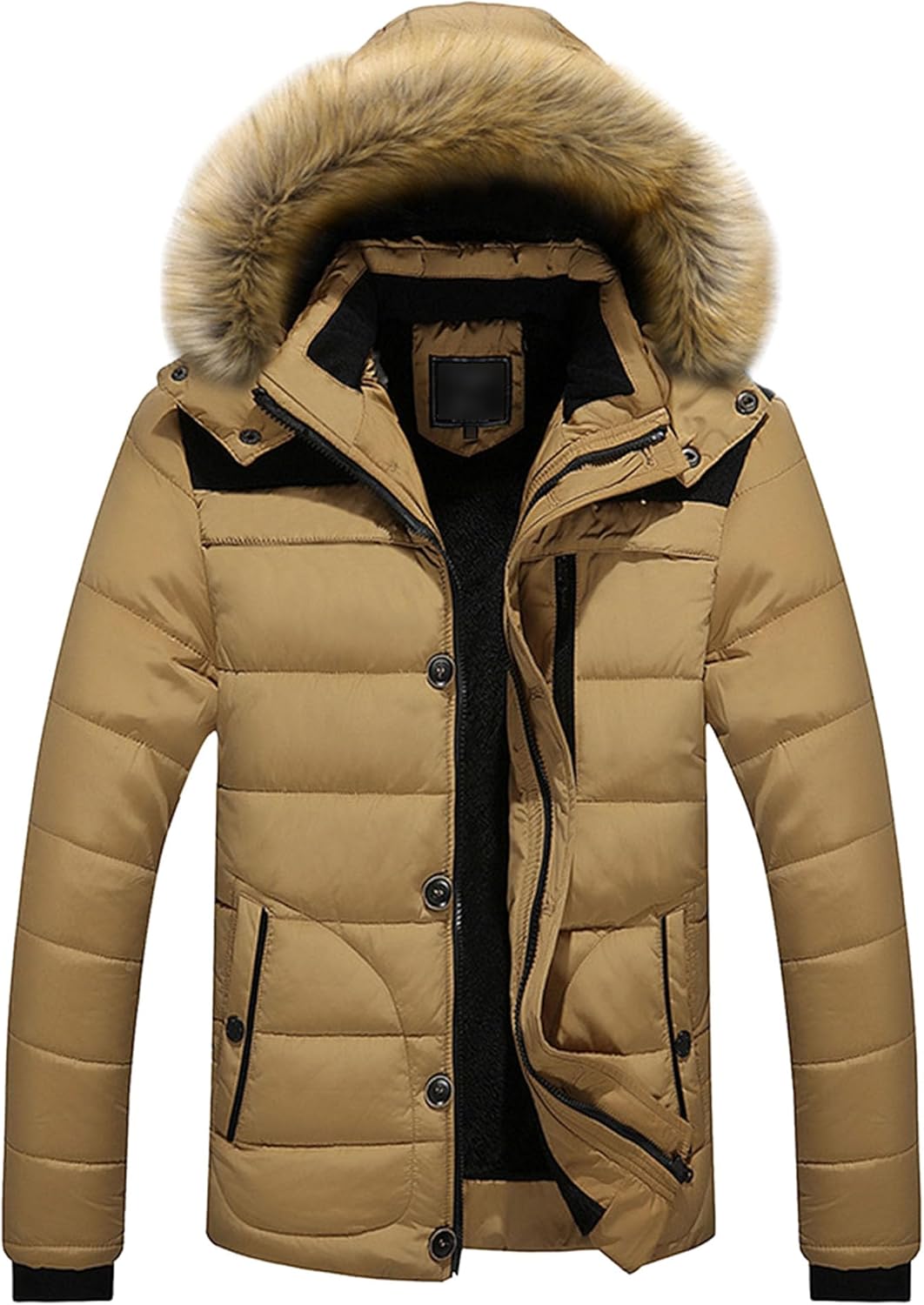 Men's Hooded Fur Collar Jacket Thick Sherpa Lined Qulited Outwear Winter Warm Windproof Padded Coat