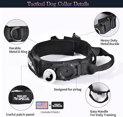 Vista 6 de Collar táctico Airtag para perro, collar de entrenamiento para perros grandes, collar militar resistente con asa ajustable, soporte para Airtag