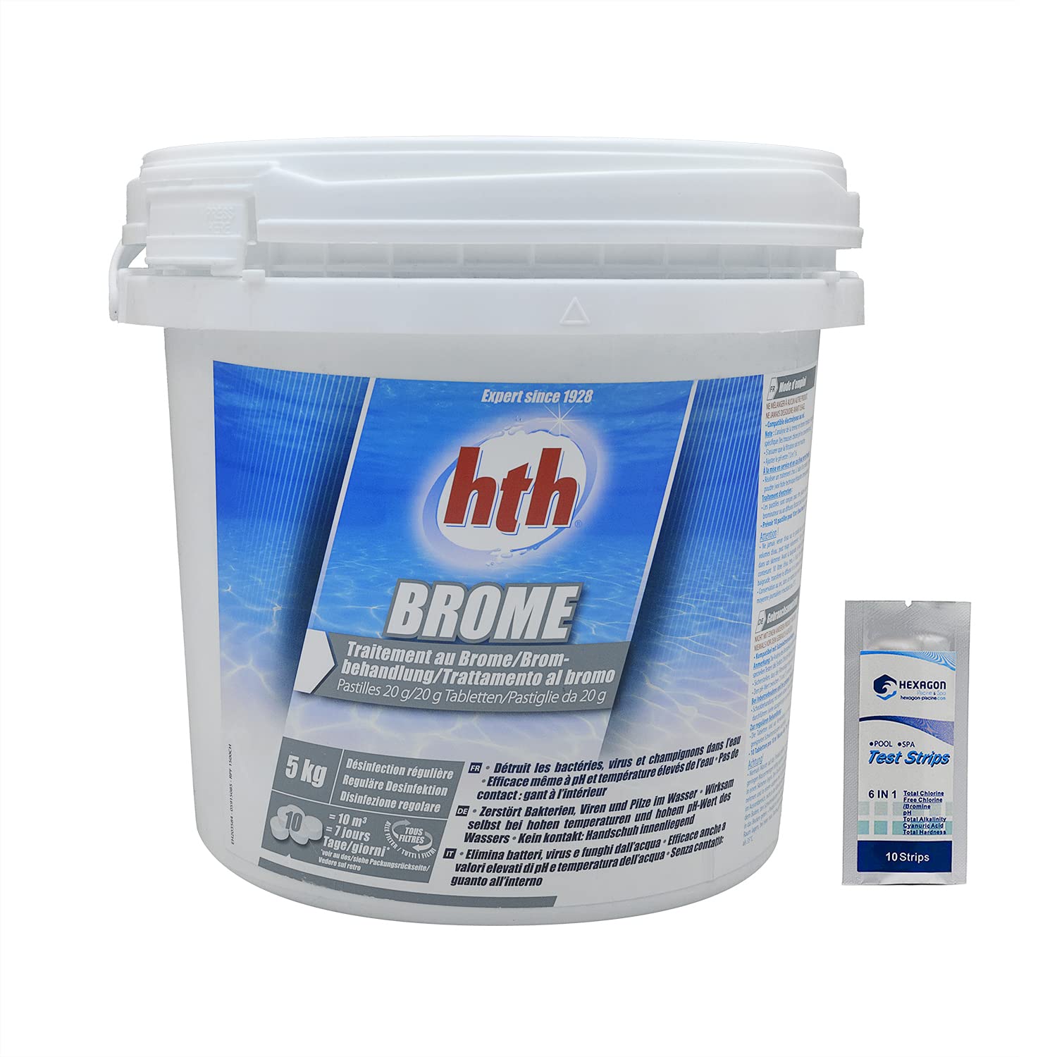 HTH Brom-Tabletten 20 g – 5 kg | Langsames Brom – Regelmäßige Desinfektion – langsam löslich + 10 HPS-Tests gratis 6 in 1