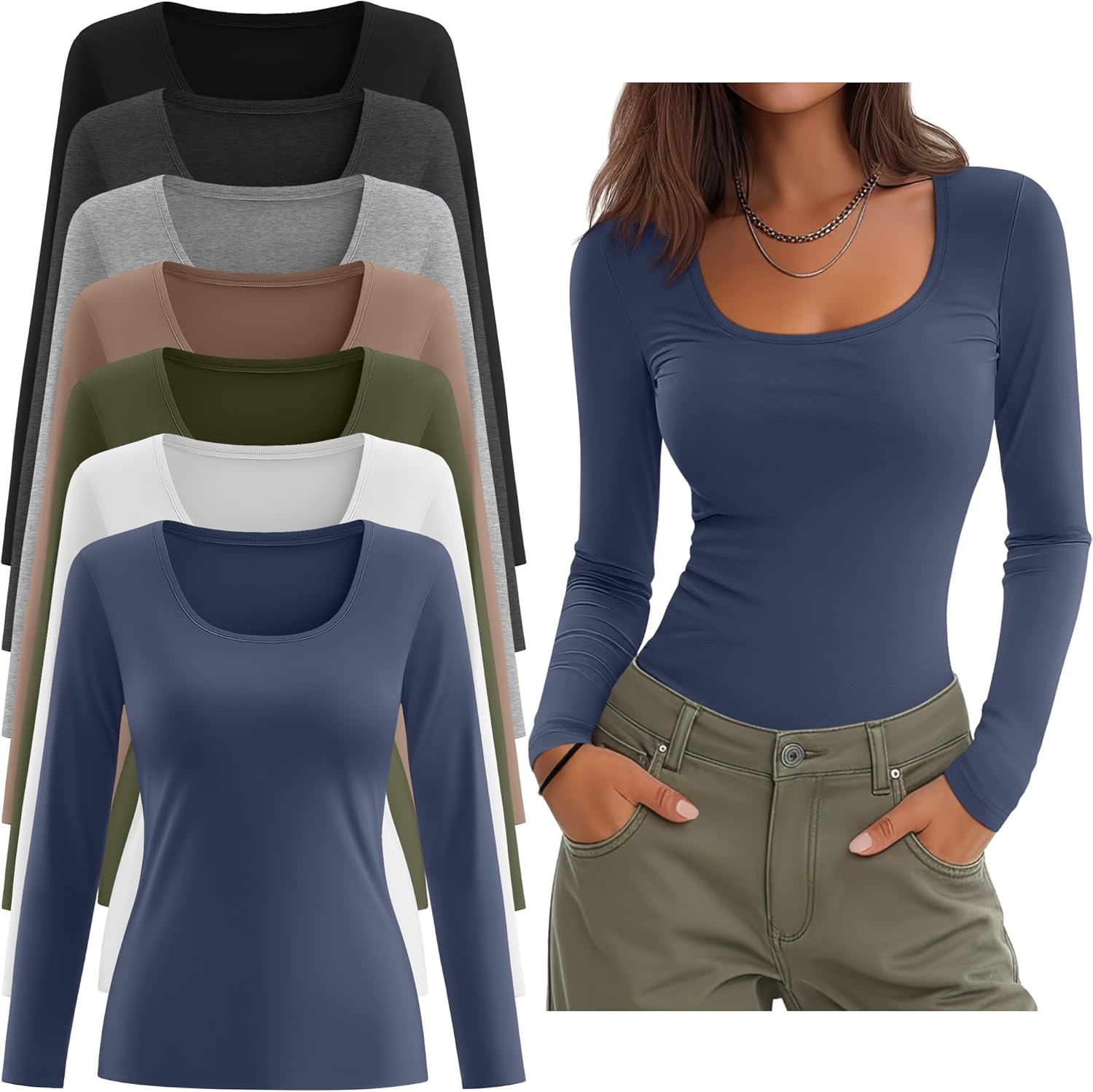 Sweetyweee 7 Pack Women's Long Sleeve Shirts Multipack Scoop Neck Tops Slim Fit Undershirt Basic Layer Winter