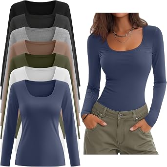 7 Pack Womens Slim Fit Scoop Neck Long Sleeve Shirts