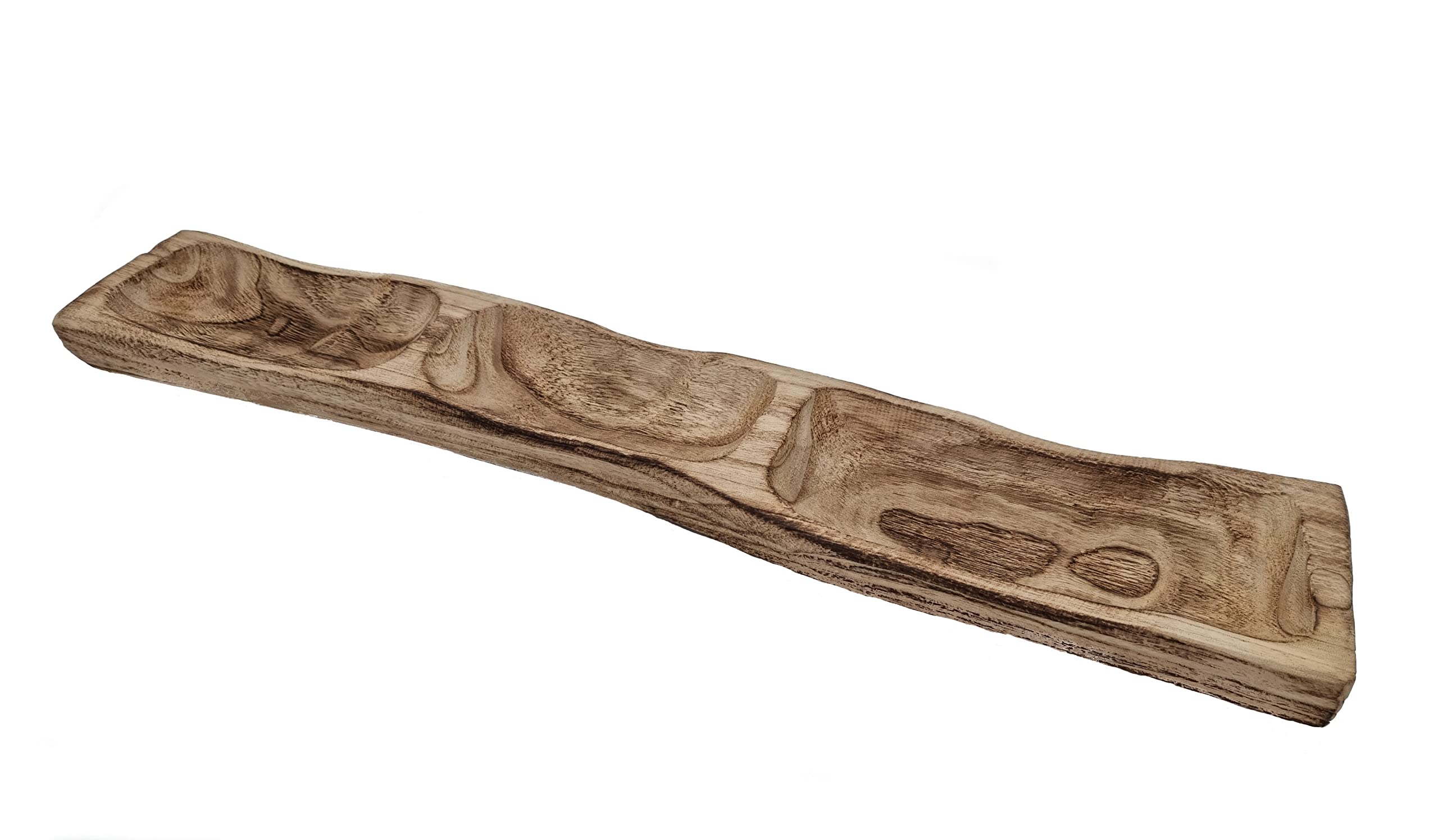 Spetebo Massivholz Schale natur geflammt mit 3 Fächern - 58 x 11 cm - Holz Deko Tablett mit Unterteilungen - Dekotablett Schlüsselbblage eckig massiv rustikal