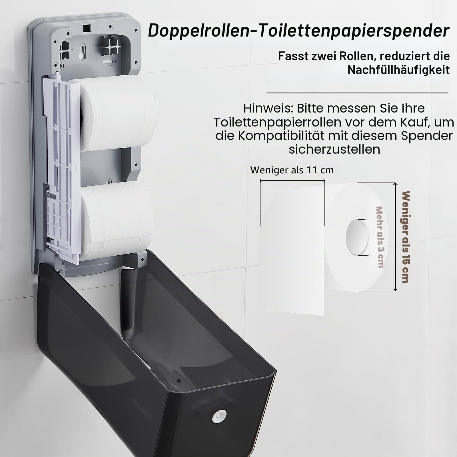 Pollock Toilettenpapierspender 2 Rollen – Ohne Bohren | Große Kapazität | Wandmontage | abschließbar | Doppelrollenspender | Handtuchspender | Wandhandtuchspender, Geeignet für Gewerbeflächen, Schwarz