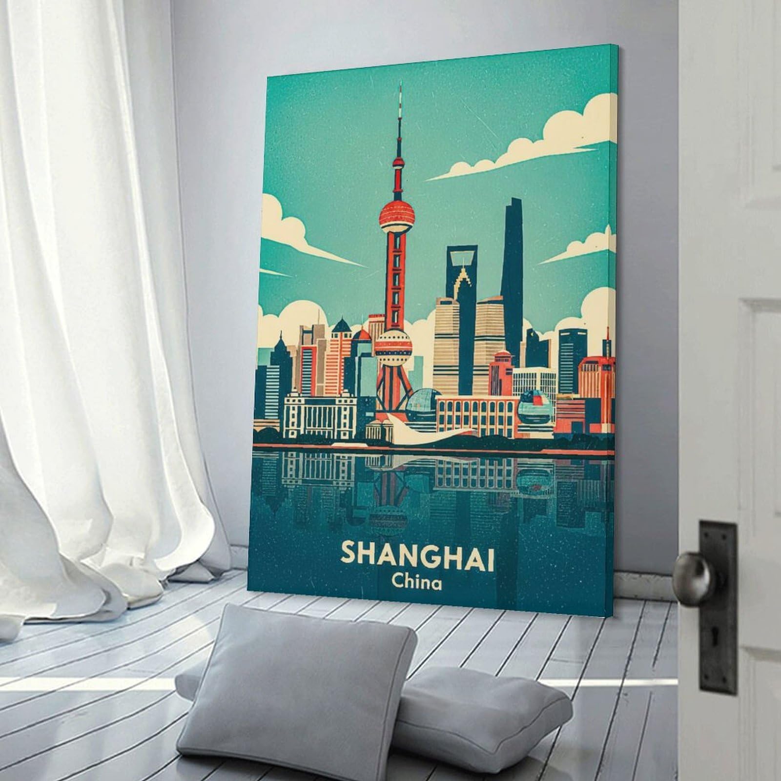 Junmoney Shanghai Skyline Vintage Canvas Wall Decor, 20x30inch(50x75cm), for Home Office, Desk Area Or Studio, Wall Art That Adds Style to Work Areas