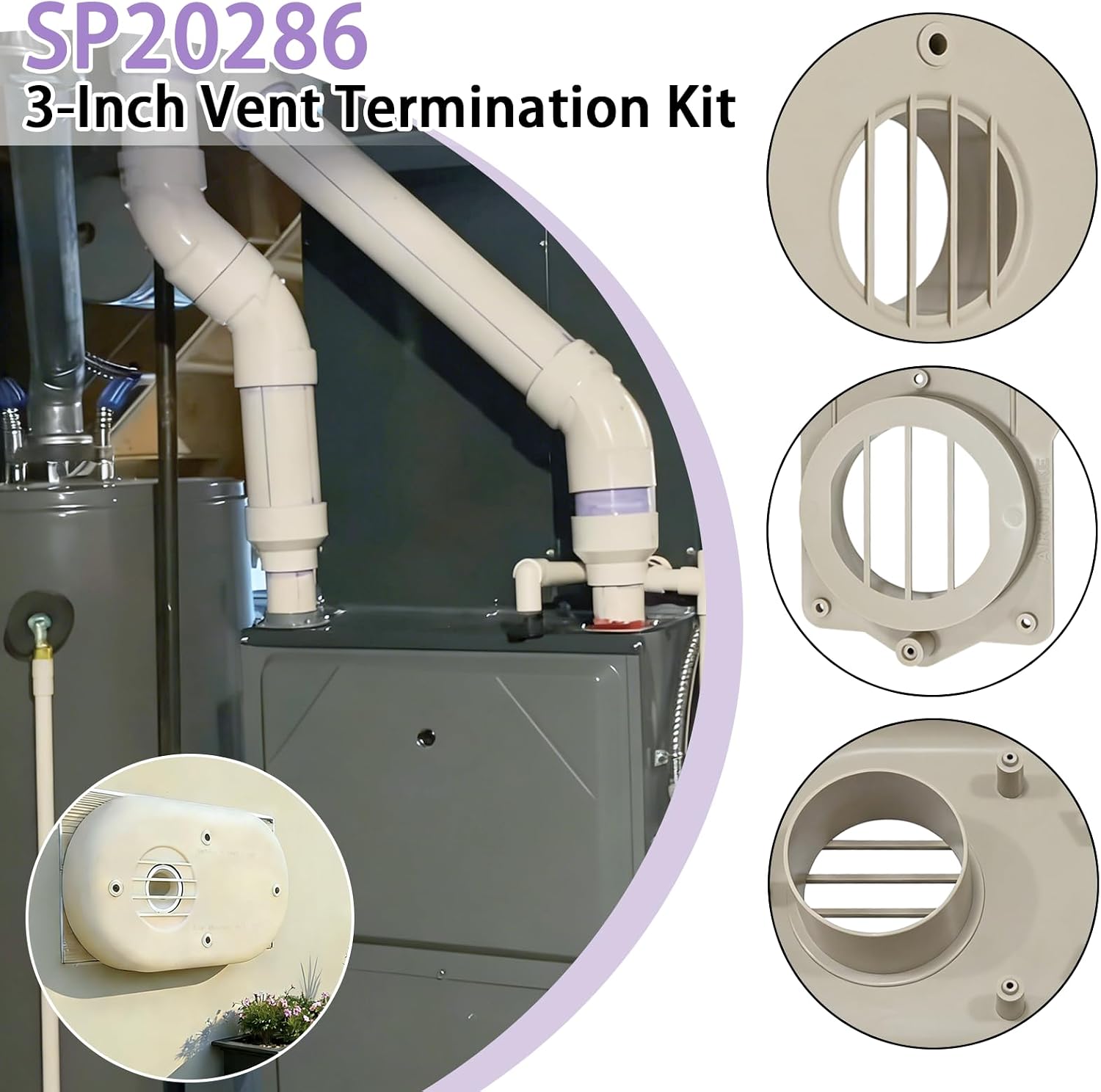 SP20286 3-Inch Vent Termination Kit - Fits for Rheem Beige HVAC Replacement Part Water Heate 3 PVC/ABS Piping