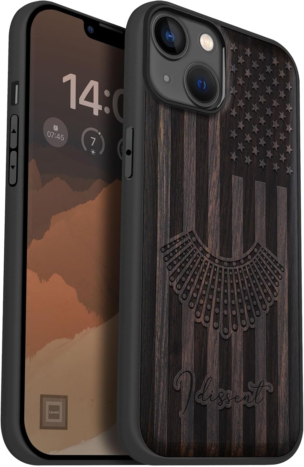Carveit Magnetic Wood Case for iPhone 14 Plus - Natural Wood & Black Soft TPU - Shockproof Protective Cover - Unique & Classy Wooden Case - Compatible with MagSafe (Justice and Legacy -Blackwood)