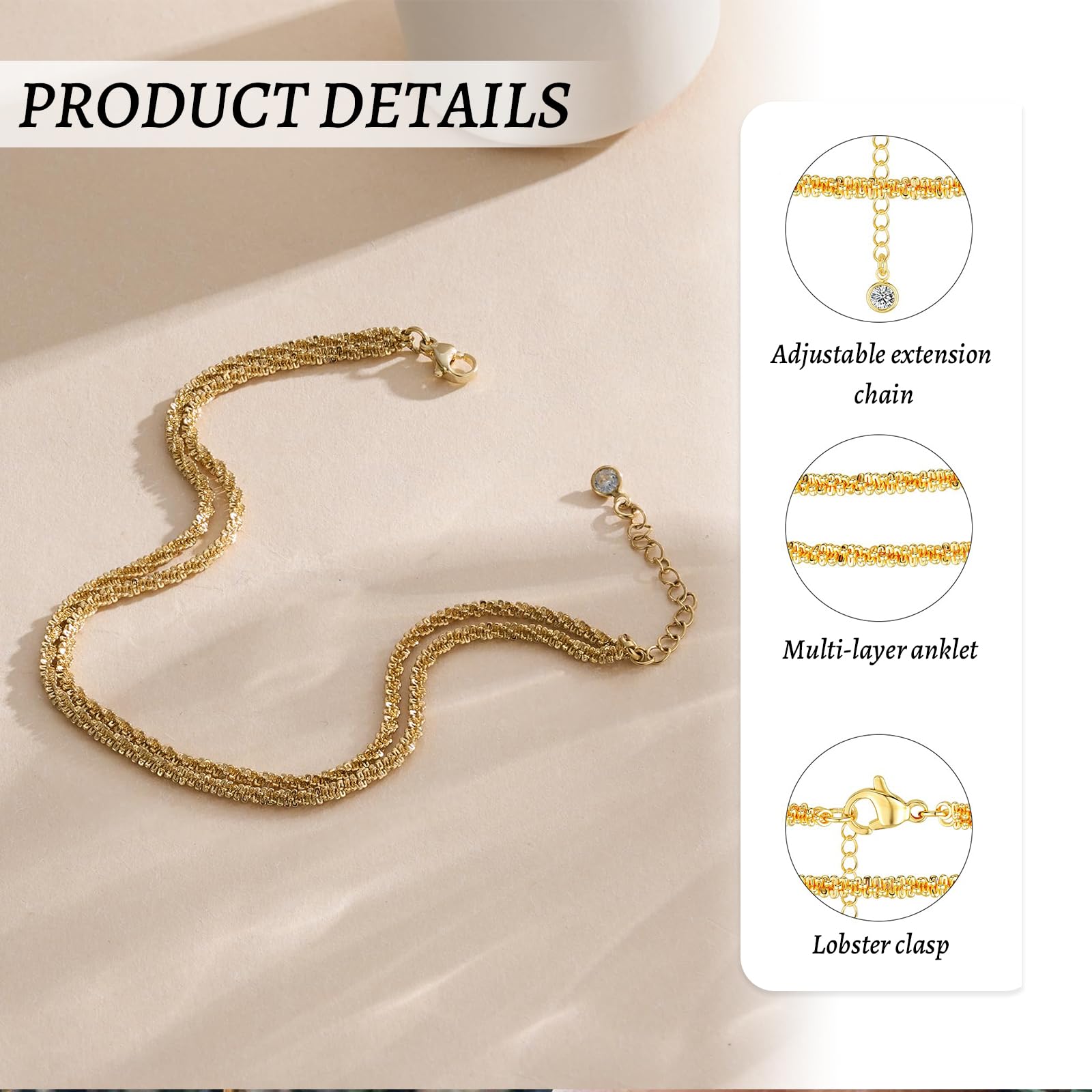 CharmBurst Cavigliera in oro 14K, catena cubana impermeabile, set di cavigliere a strati, cavigliere estive da spiaggia
