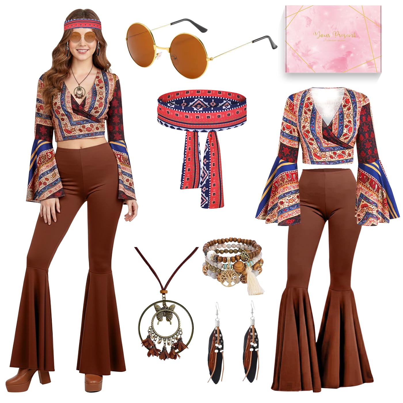 Disfraz Hippie Mujer, Ropa Hippie Mujer y Accesorios Bohemios, Ropa con Mangas Acampanadas de Los Años 70 y 60, para Halloween, Carnaval, Fiestas Navideñas y Cosplay