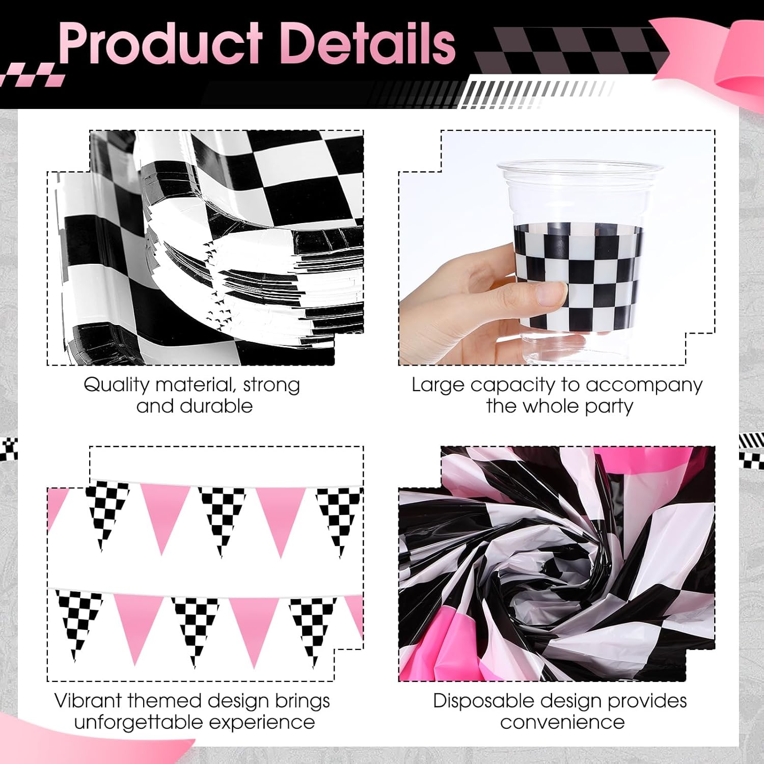 Domensi 214 Pcs Racing Car Birthday Party Decorations Racing Car Party Tableware Set for 30 Guests Pink Black White Checkered Dinnerware Decorations for Race Cars Themed Birthday Parties Supplies
