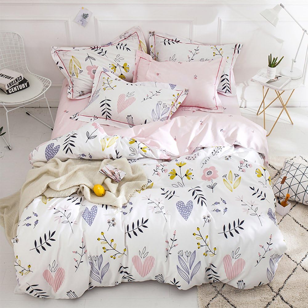 BuLuTu Floral Love Print Girls Duvet Cover Twin White/Pink Cotton Premium Blossom Kawaii Reversible Kids Bedroom Comforter Cover Bedding Sets for Toddler,Teen,Breathable,Lightweight,Zipper Closure