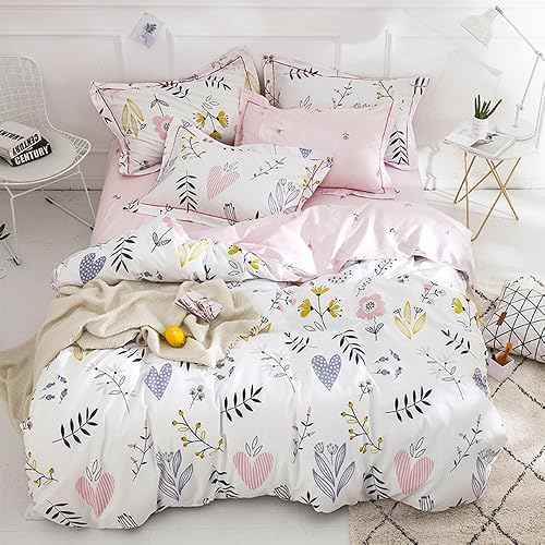 BuLuTu Floral Love Print Girls Duvet Cover Full White/Pink Cotton Premium Blossom Kawaii Reversible Kids Bedroom Comforter Cover Queen Duvet Cover for Toddler,Teen,Lightweight,Zipper Closure