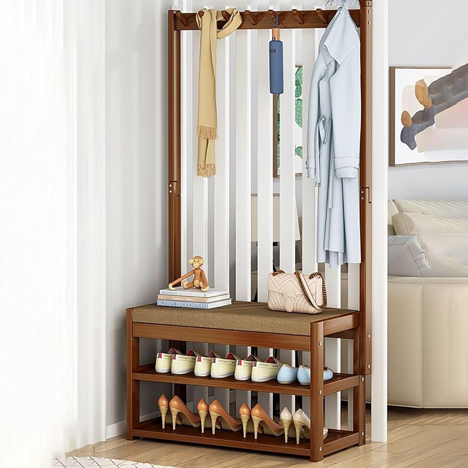 MSHGSKU 3 in 1 Bamboo Freestanding Hall Tree Large Capacity Coat Rack & Shoe Storage Bench with 9 Hooks Multipurpose Hallway nizer for Living Room Bedroom & Entryway