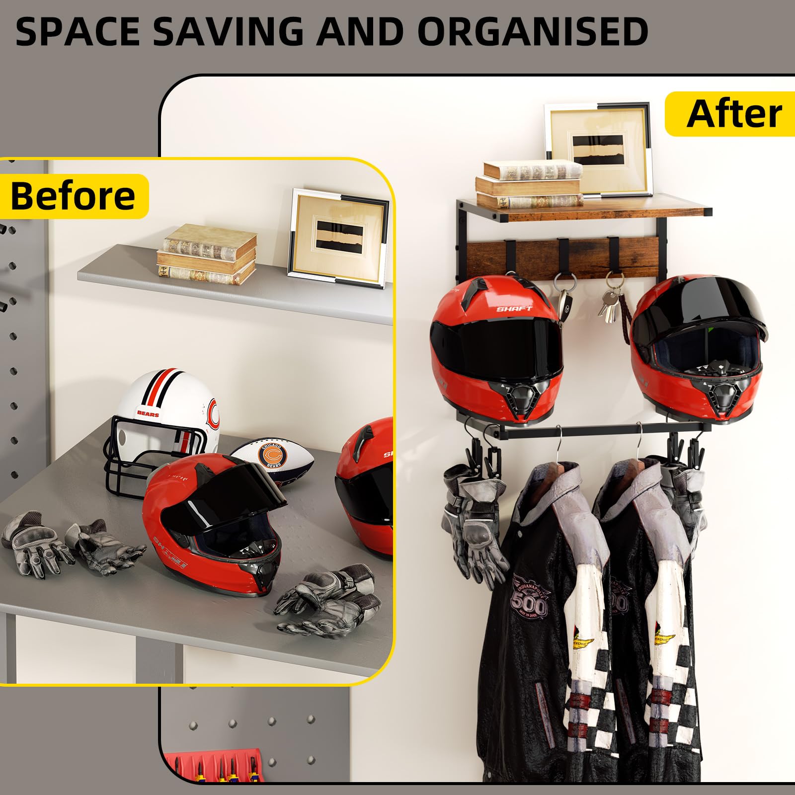 Urban Deco porta casco moto da parete, porta caschi con 2 appendi per cappelli, supporto porta cappelli da parete, garage moto porta cappelli, piccolo