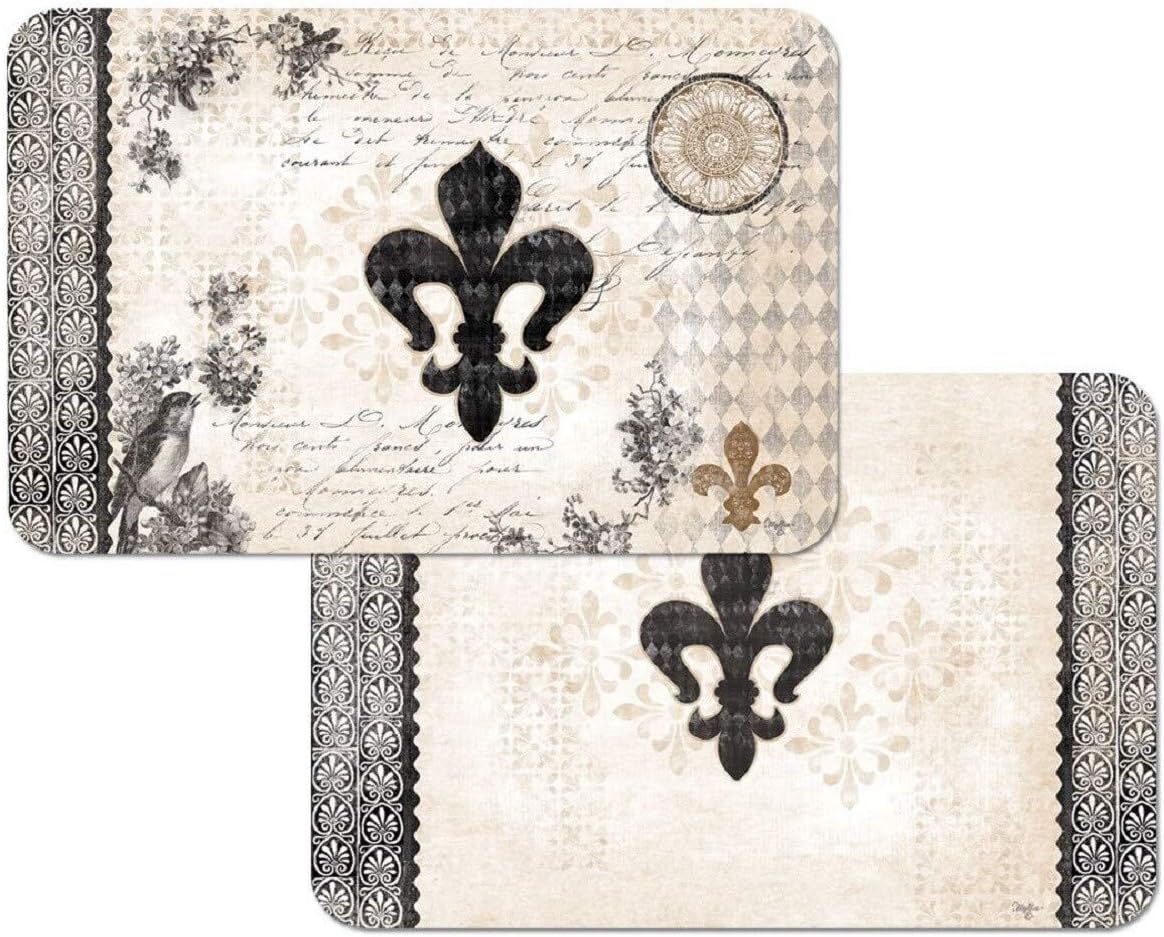 Reversible Plastic Wipe Clean Placemats - Cherish Fleur de Lis (Set of 4) Multi Color Print Rectangle Vinyl