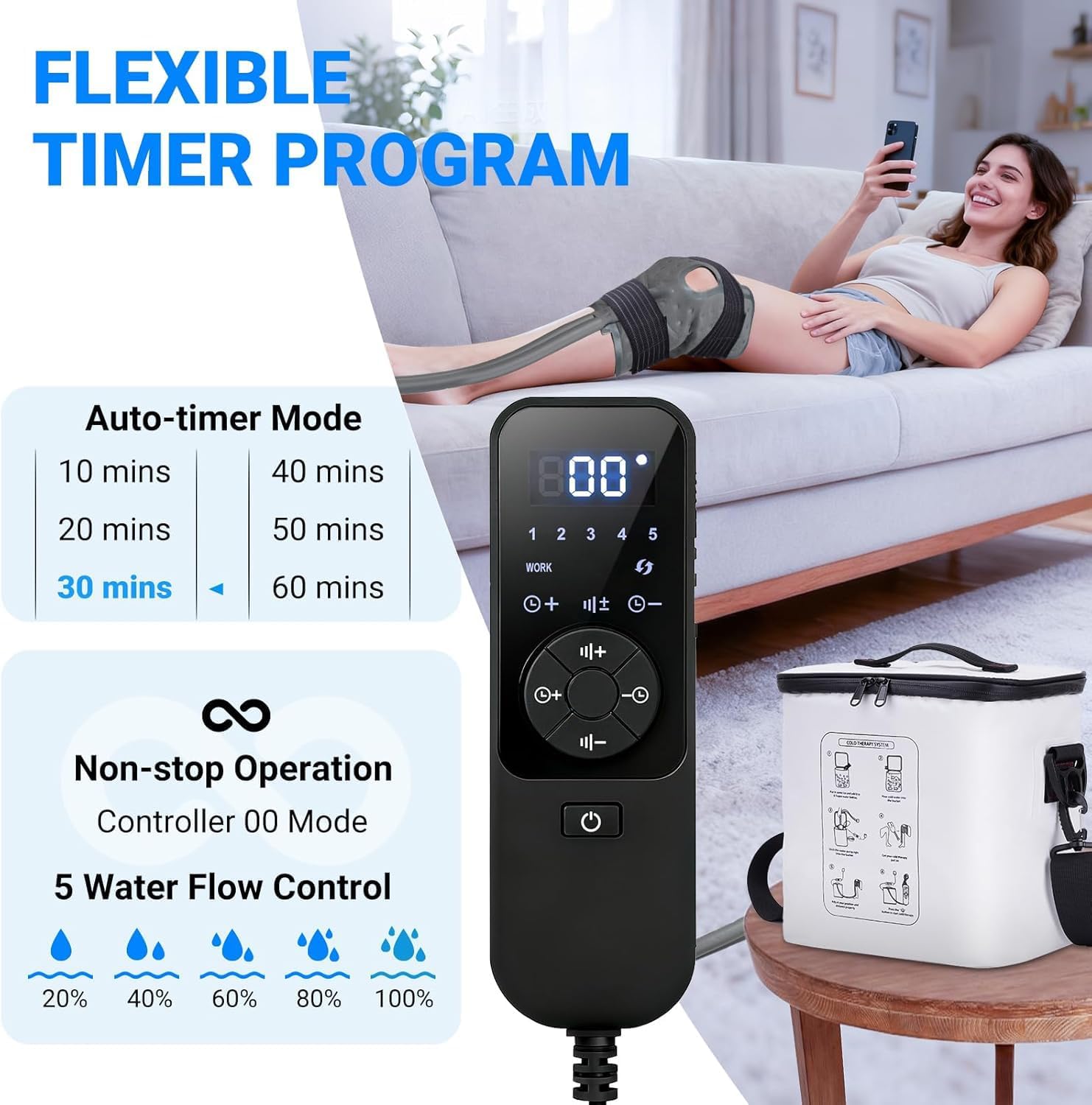 Ice Machine for Knee After Surgery - Programmable Timer Cold Therapy Machine, Portable, Quiet Pump, 12H Cooling, Knee Replacement Recovery System, Cryotherapy Pain Relief & Swelling, Compression Pad