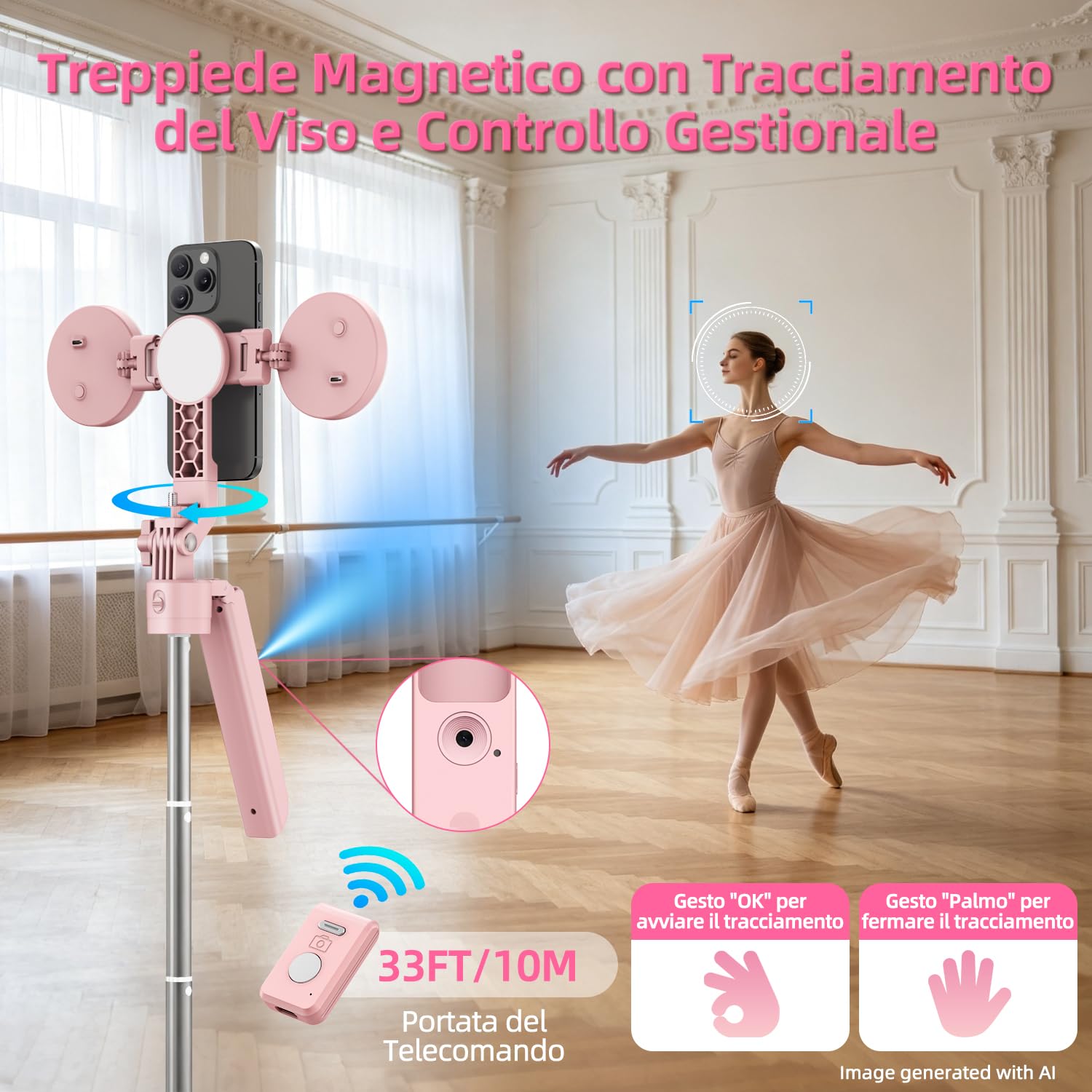 yAyusi Kit di Vlogging Rosa per iPhone/Android, Automatico Volto Rilevamento Treppiede Magnetico 180cm con Luce e Microfono, Kit Completo per Youtube e TikTok Sviluppato Appositamente per le Donne