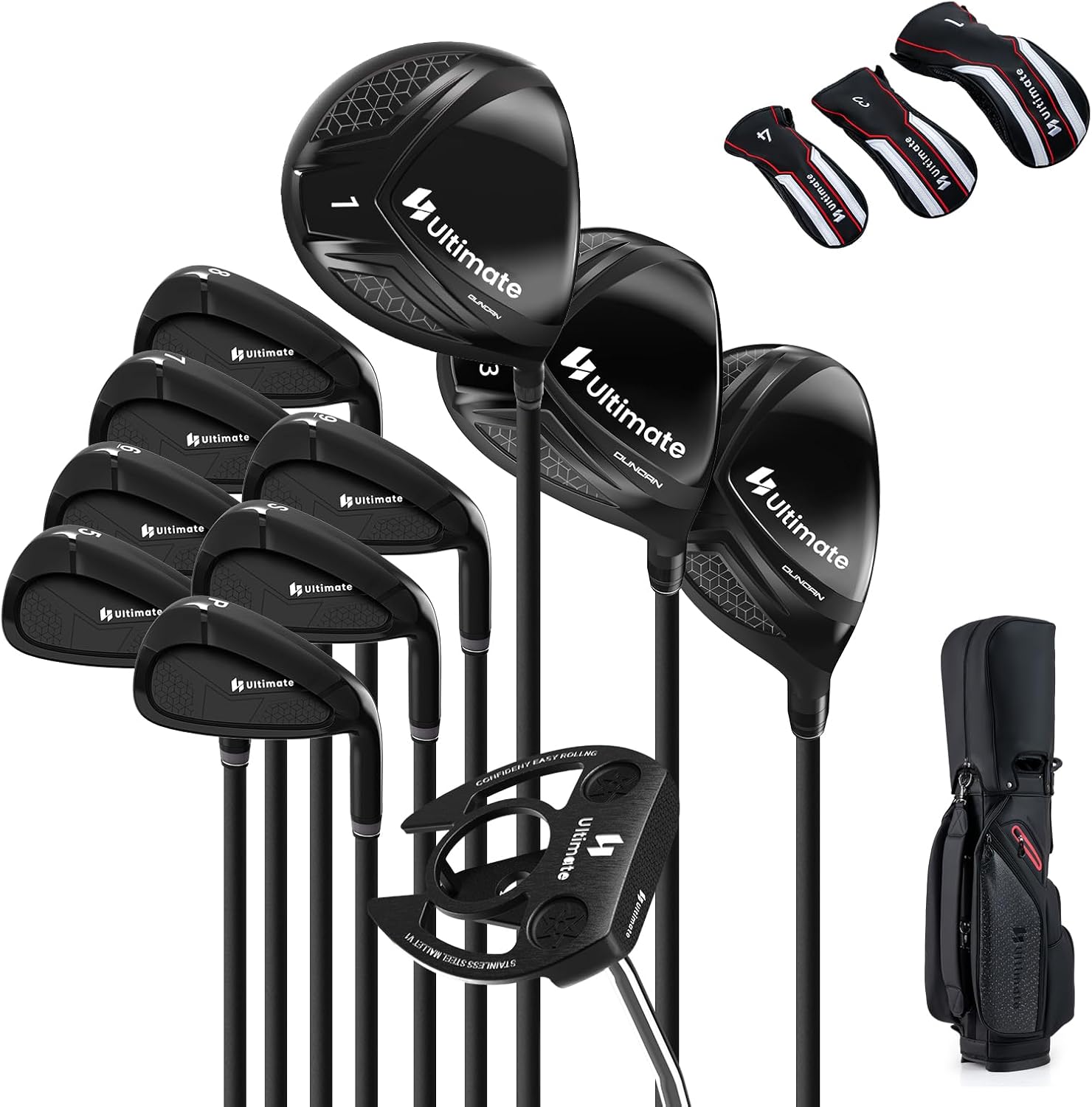 ULTIMATE Men's Complete Golf Clubs & Bag Set, Portable Lightweight Golf Bag w/ 460CC Titanium #1 Driver, #3 Fairway & #4 Hybrid & 3 Headcovers, #6-SW Irons, CNC Milled Putter, Right