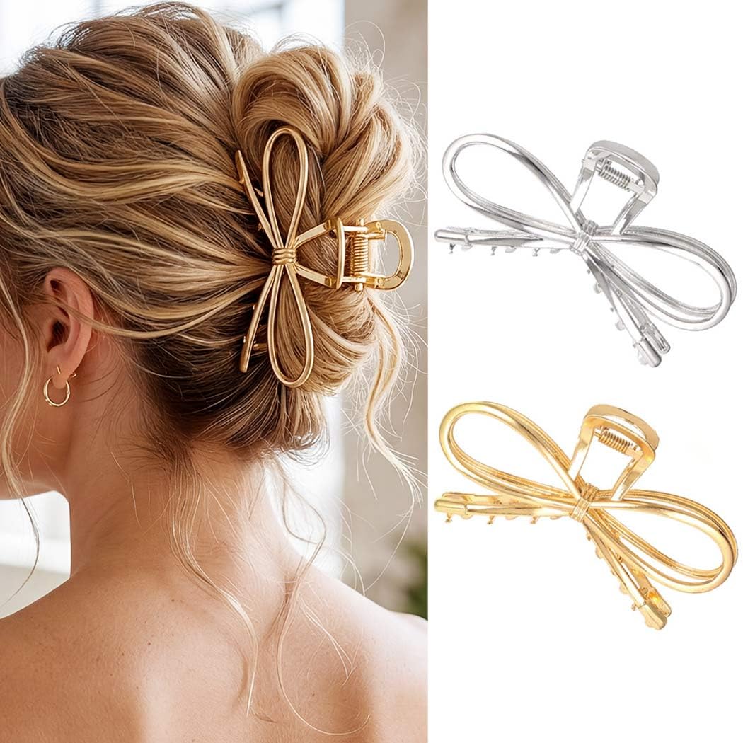 CAKURE Bow Claw Clip Gold Bow Hair Clips Large Hair Claw Clips Hair Accessories for Women (Pack of 2)