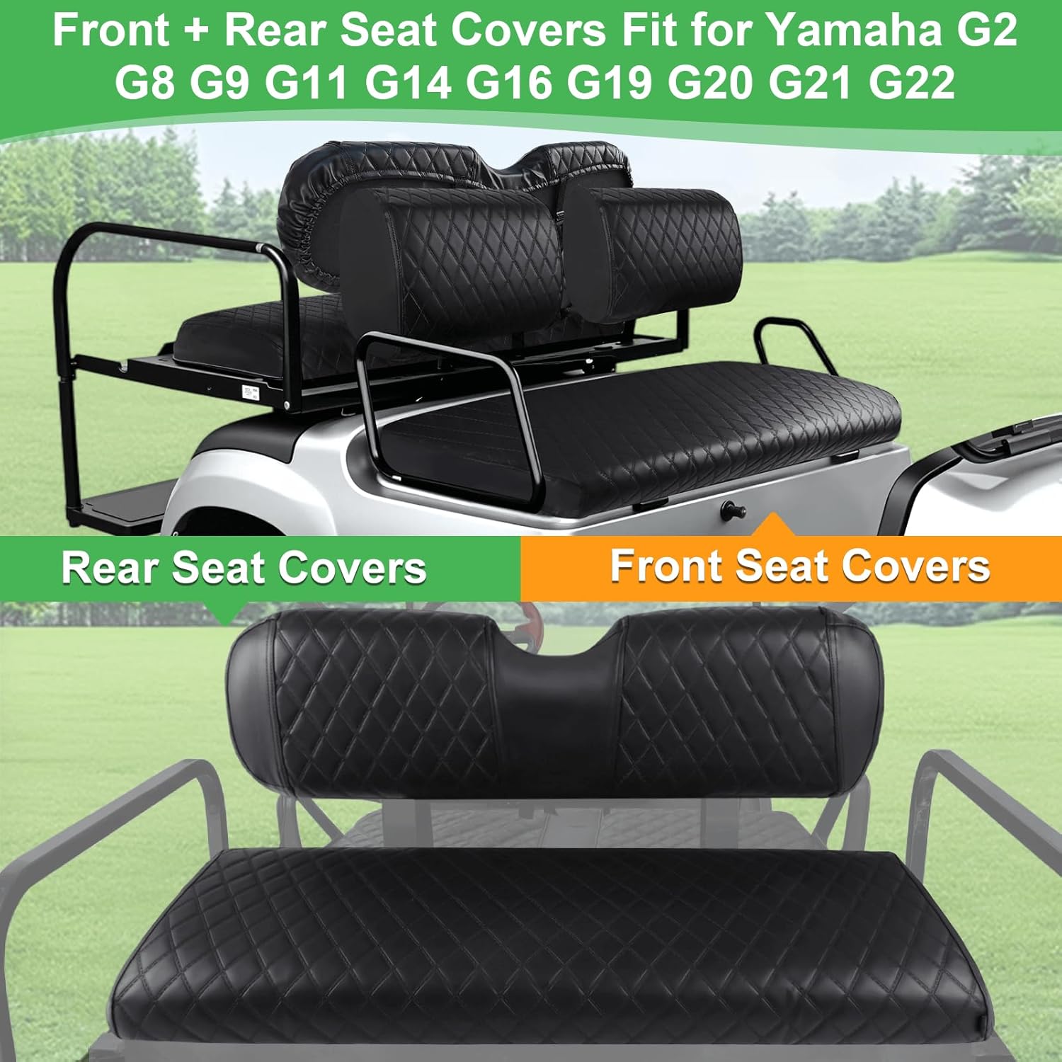 Waterproof Golf Cart Seat Covers Front and Rear Fit for Yamaha G2 G8 G9 G11 G14 G16 G19 G20 G22 Golf Carts Made Resistant Marine Grade PVC Leather Seat Cover,Easy to Install No Staple Required(5PCS)