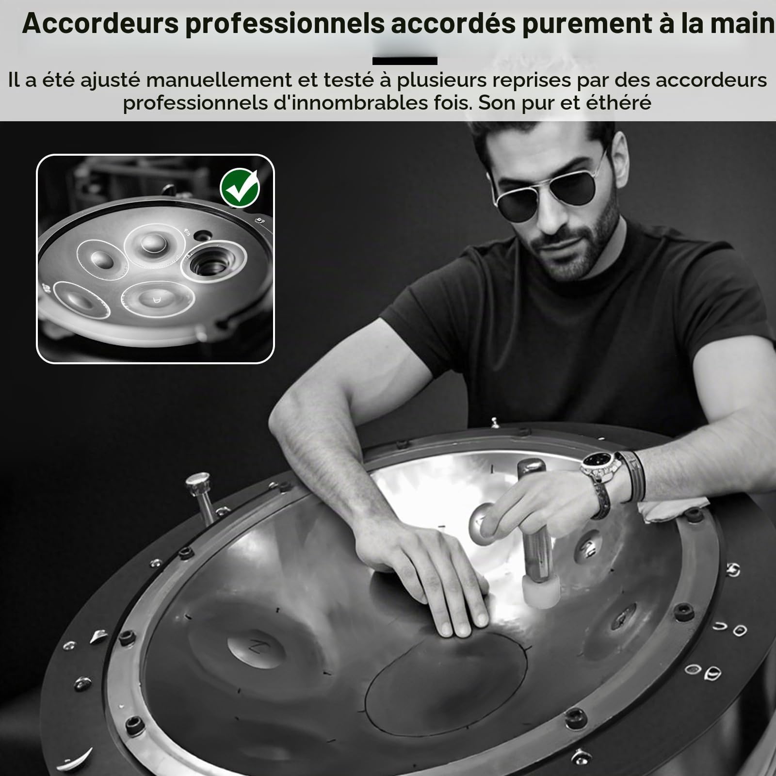 Handpan - Instrument de percussion manuel en ré mineur 440 Hz - 9 tons - Tambour manuel de 56 cm - "Gold Performer" Tambour à languette avec sac, maillet, support, pour débutants