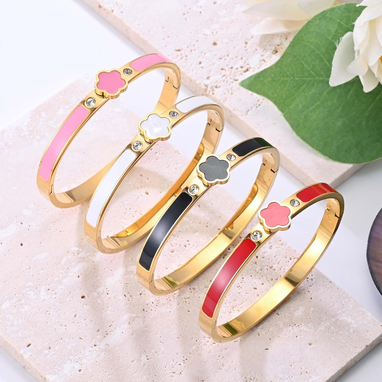 Chunky 18K Gold-Plated Clover Bangle Bracelet for Women.Black White Pink Red Five Leaf Clover Jewelry Simple Cute Friendship Bangle Bracelet for Women Trendy Holiday Gifts - Image 4