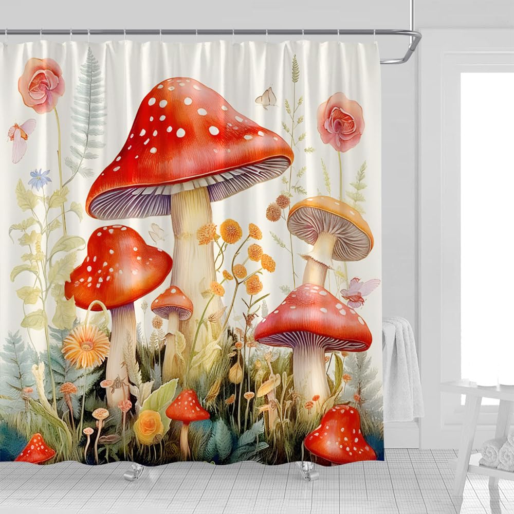 UOZXOML Mushroom Shower Curtain Magical Floral Green Leaves Sage Nature Botanical Wildflower Forest Fabric Bathroom Decor Curtains with Hooks,70 x 70